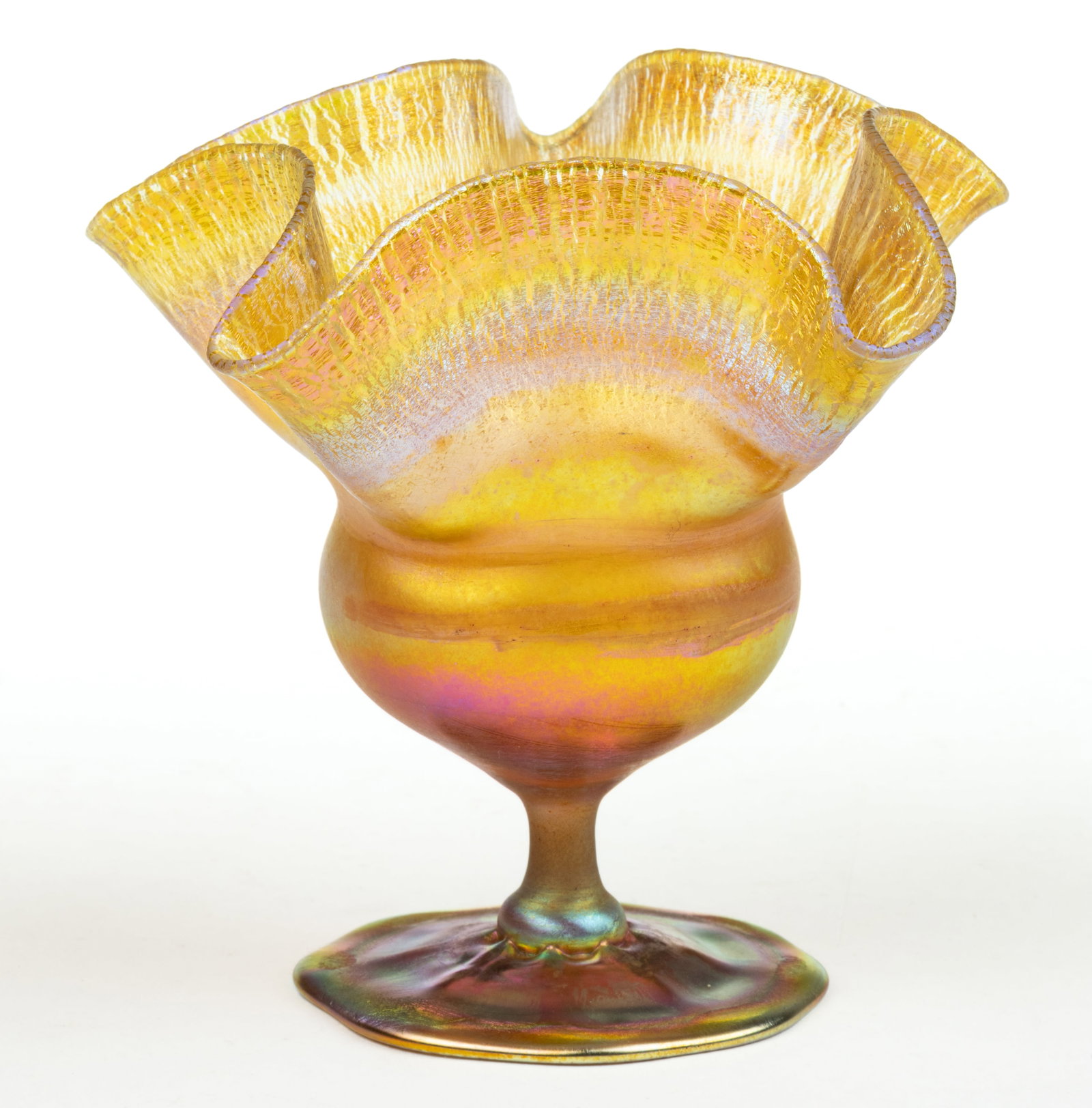 TIFFANY FAVRILE FLORIFORM VASE: TIFFANY FAVRILE FLORIFORM VASE, golden iridescent, gauffered rim, signed "7806 B L.C.Tiffany-Favrile". Tiffany Studios. 1910. 4 5/8" HOA, 5" DOA. Provenance: From the estate colle