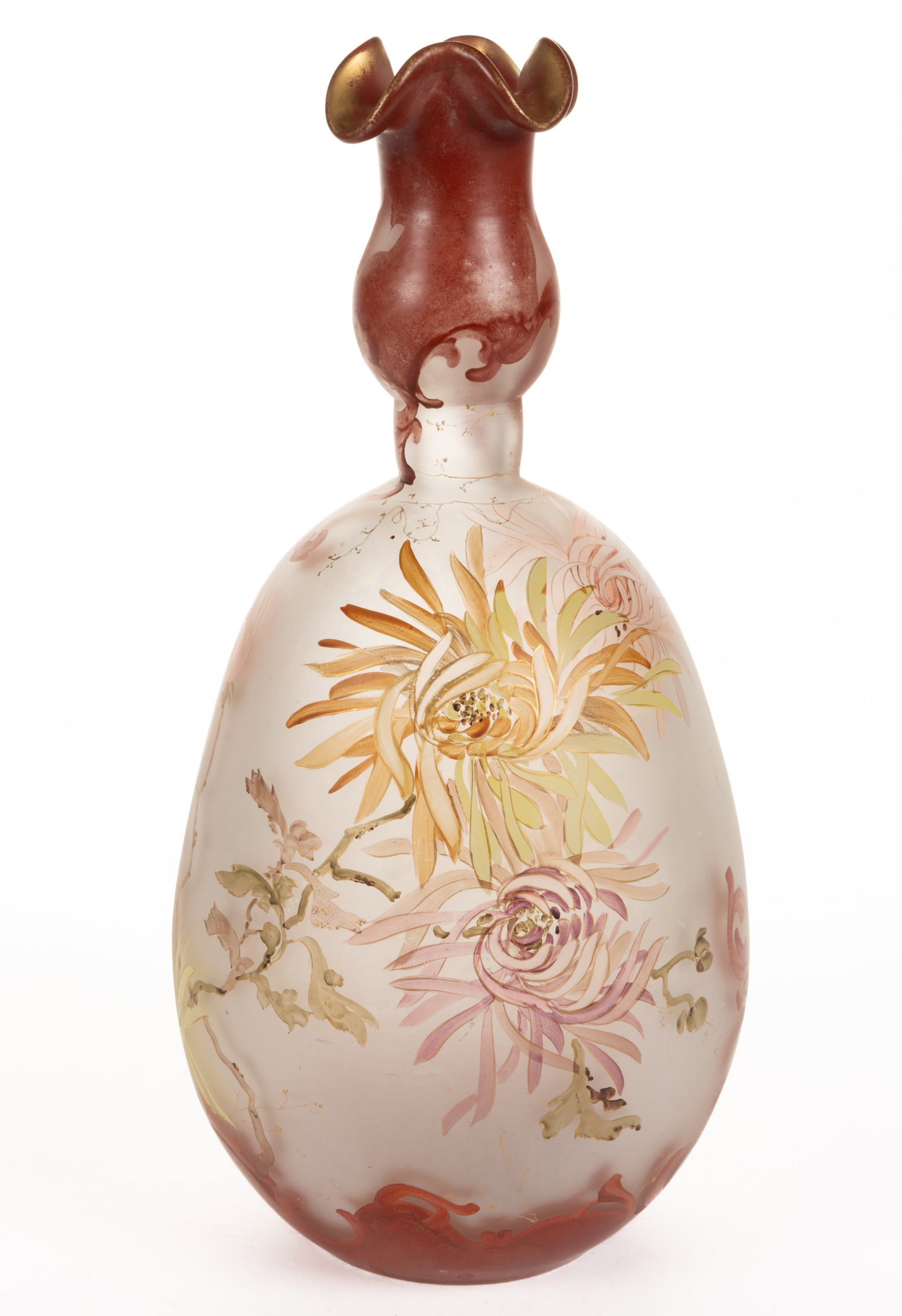 MT. WASHINGTON ROYAL FLEMISH SPIDER MUM ART GLASS NO. 569 VASE: MT. WASHINGTON ROYAL FLEMISH SPIDER MUM ART GLASS NO. 569 VASE, colorless with all-over frosted/satin surface, ovoid form with cupped mouth and tooled four-point ruffled rim, ornate spi