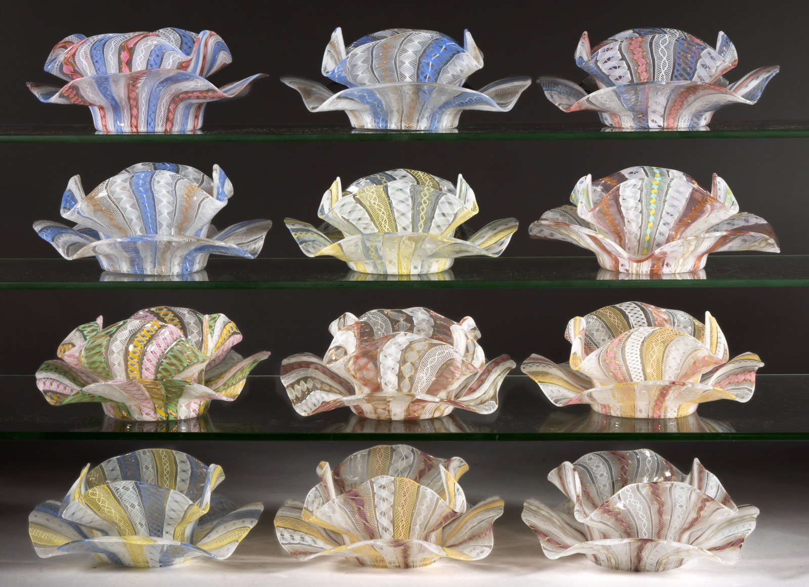 MURANO ZANFIRICO LATTICE FILAGREE GLASS FINGER BOWLS AND UNDERPLATES, SET OF 12 (1 of 1)