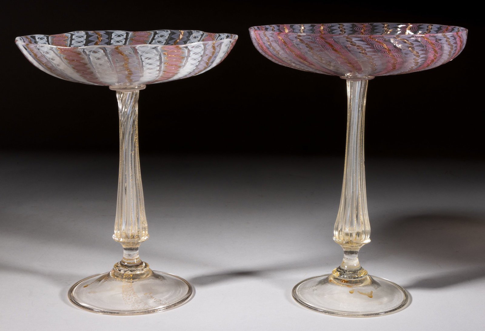 PAIR OF MURANO ZANFIRICO FILAGREE DECORATED ART GLASS COMPOTES / TAZZAS (1 of 2)