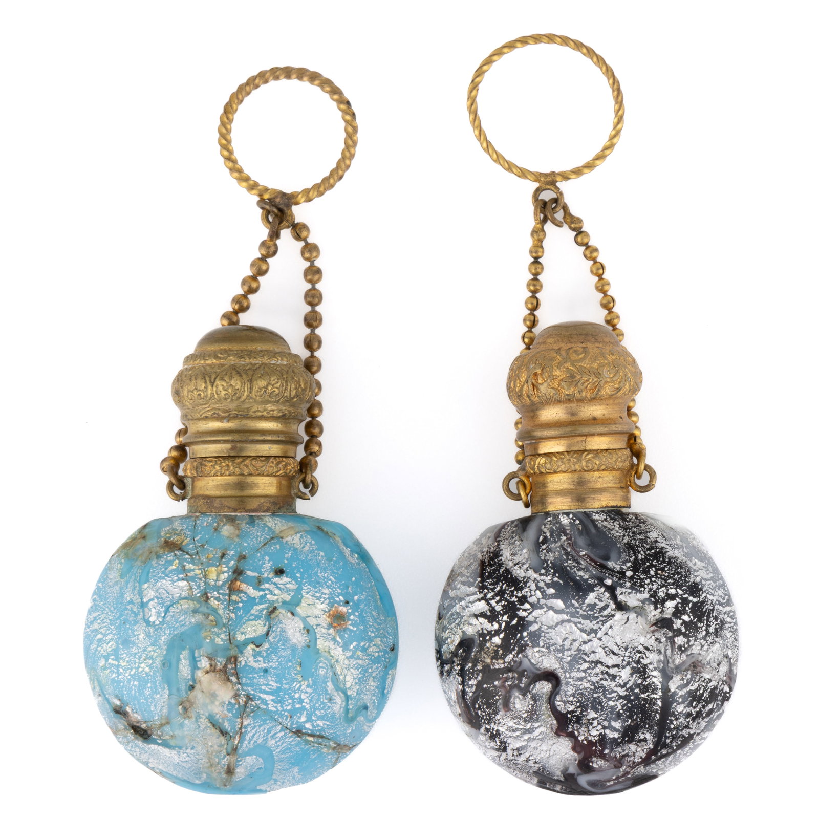 ANTIQUE MURANO AVENTURINE DECORATED SCENT BOTTLES, LOT OF TWO: ANTIQUE MURANO AVENTURINE DECORATED SCENT BOTTLES, LOT OF TWO, each compressed spherical form with one having an azure blue ground with silver and golden mica decoration, and the other having a b