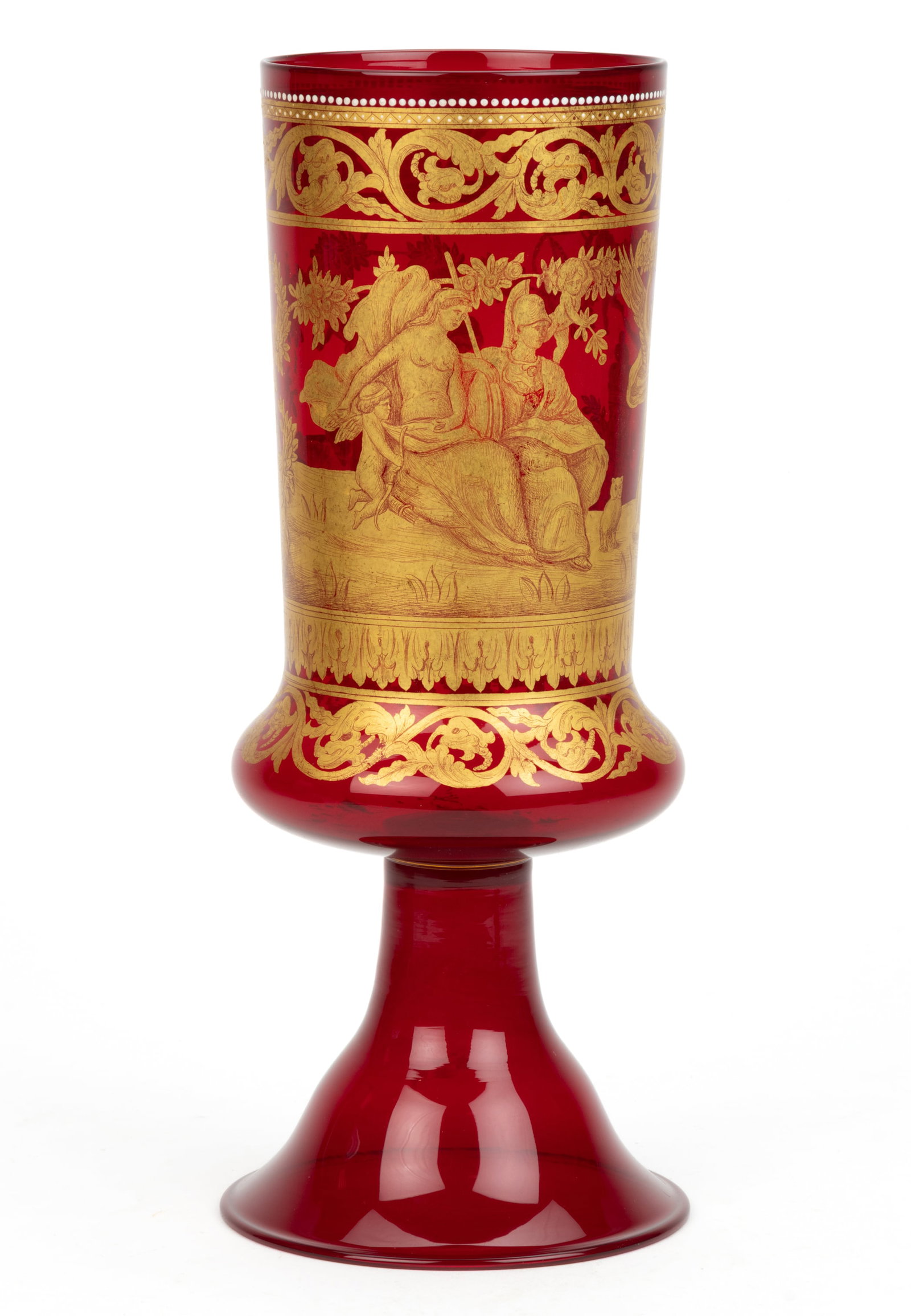 SALVIATI MURANO ATTRIBUTED RED NEOCLASSICAL GILT VASE: SALVIATI MURANO ATTRIBUTED RED NEOCLASSICAL GILT VASE, ruby, detailed gilt decorated scene depicting cherubs and allegorical figures with white-enamel dot edge. Late 19th/earl