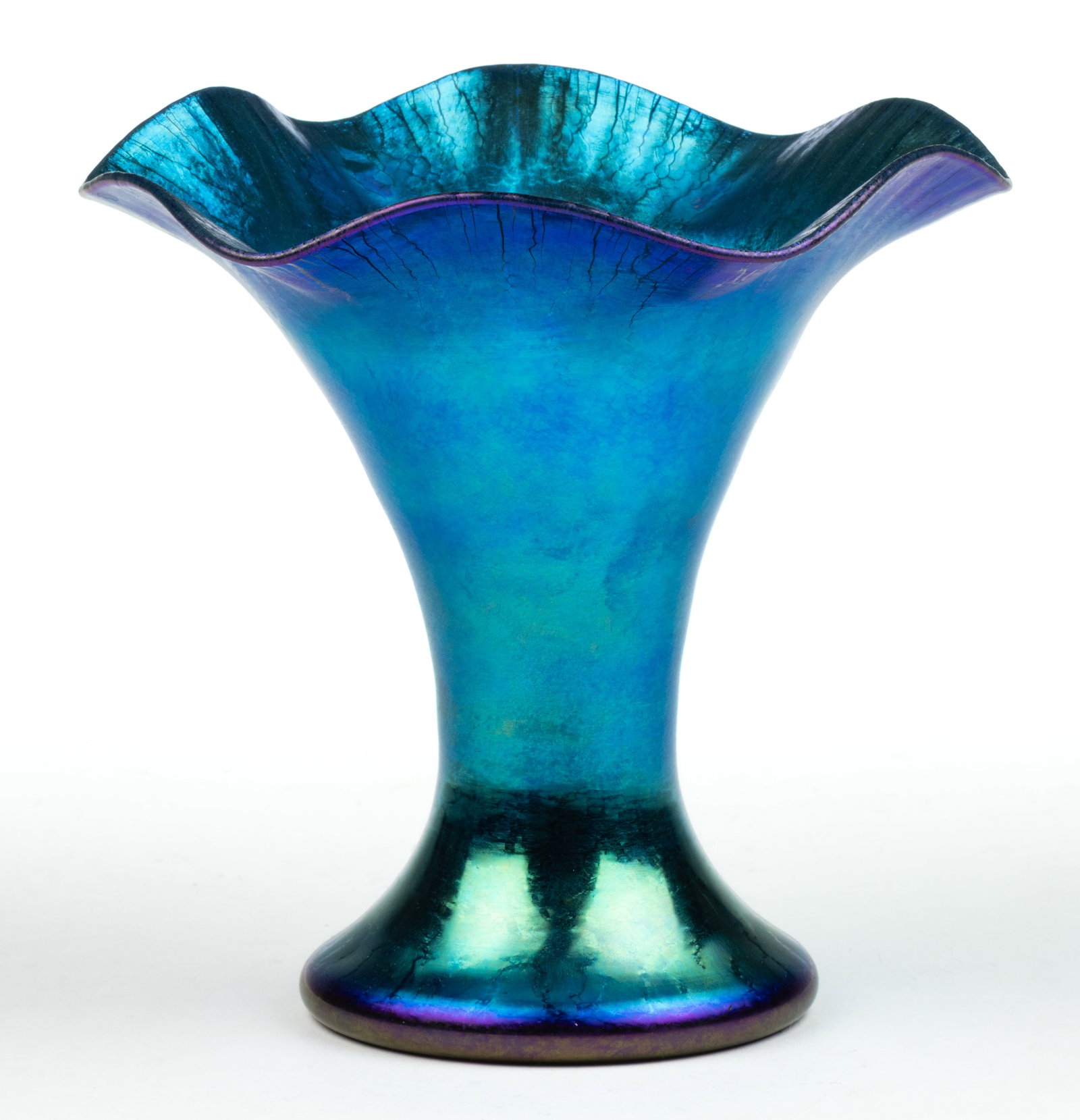 STEUBEN AURENE BLUE IRIDESCENT ART GLASS VASE: STEUBEN BLUE AURENE IRIDESCENT ART GLASS VASE, Blue Aurene, shape 723, tooled rim, signed "steuben/aurene/723", polished pontil mark. Steuben Glass Works. First quarter 20th c