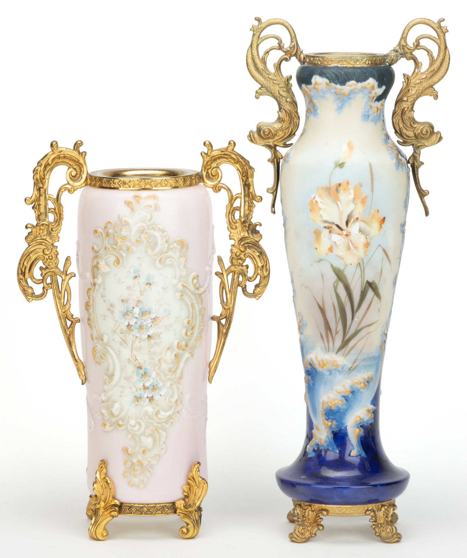 WAVE CREST FOOTED ENAMEL-DECORATED ART GLASS VASES, LOT OF TWO (1 of 2)