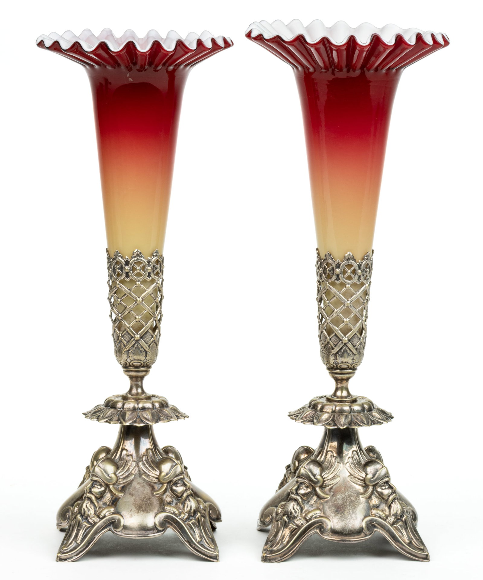 VICTORIAN PEACHBLOW PAIR OF TRUMPET VASES (1 of 1)