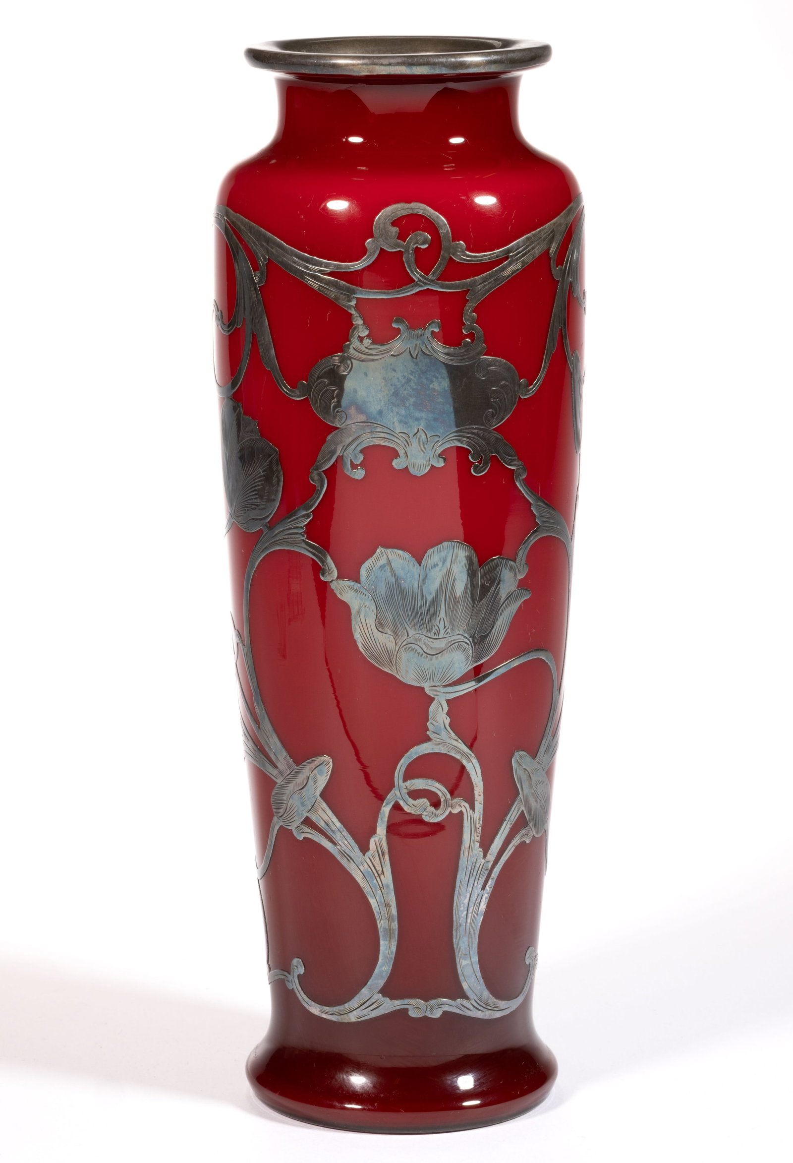 EUROPEAN ART NOUVEAU SILVER-OVERLAY DECORATED ART GLASS VASE (1 of 4)
