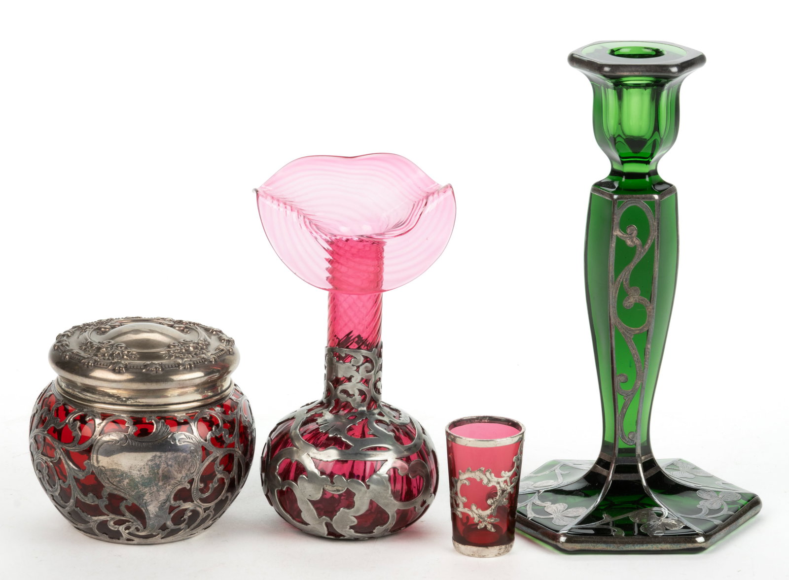 ASSORTED ART NOUVEAU SILVER-OVERLAY COLORED GLASS ARTICLES, LOT OF FOUR (1 of 1)