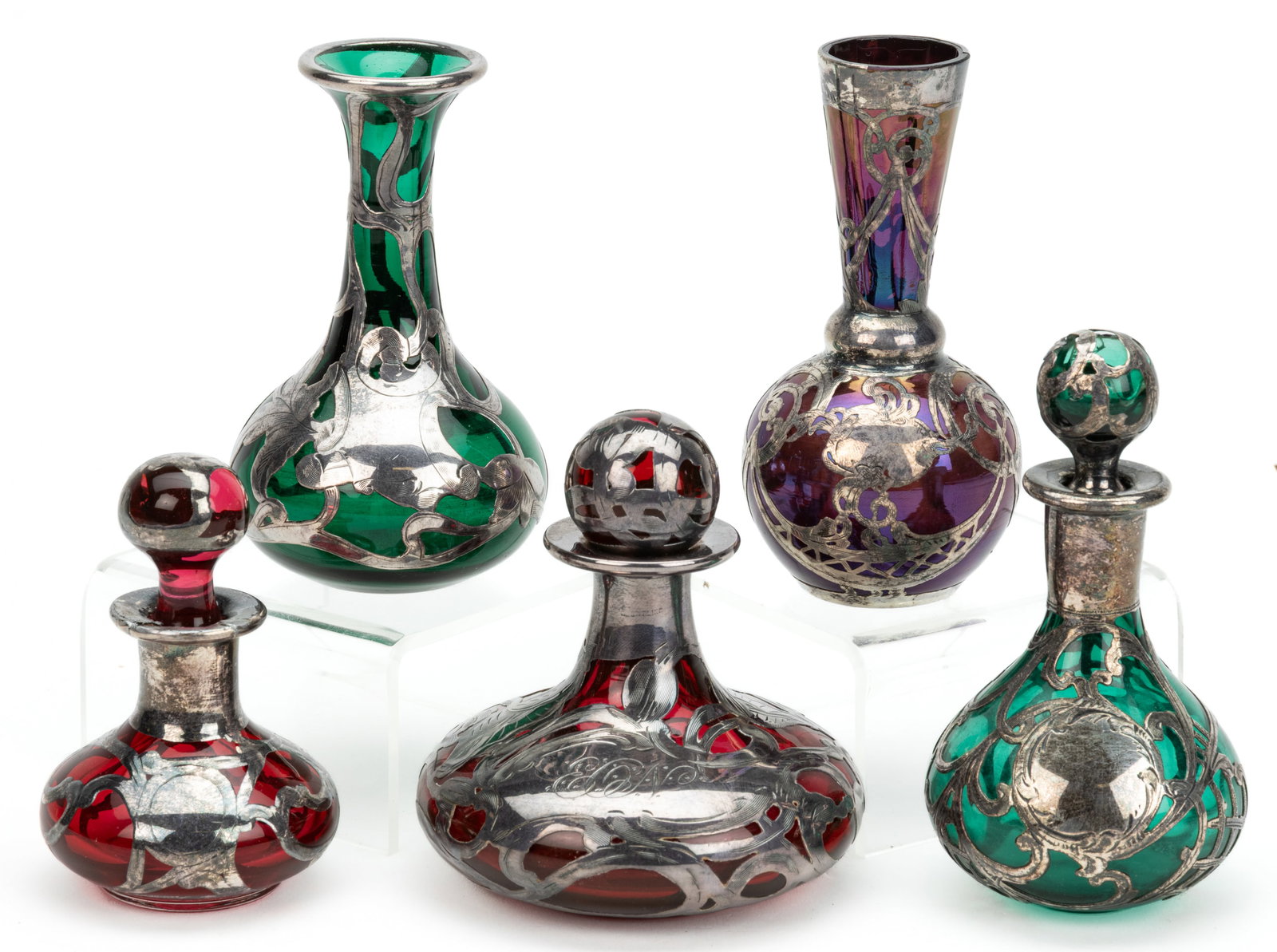ASSORTED ART NOUVEAU SILVER-OVERLAY COLORED GLASS PERFUME BOTTLES, LOT OF FOUR (1 of 1)