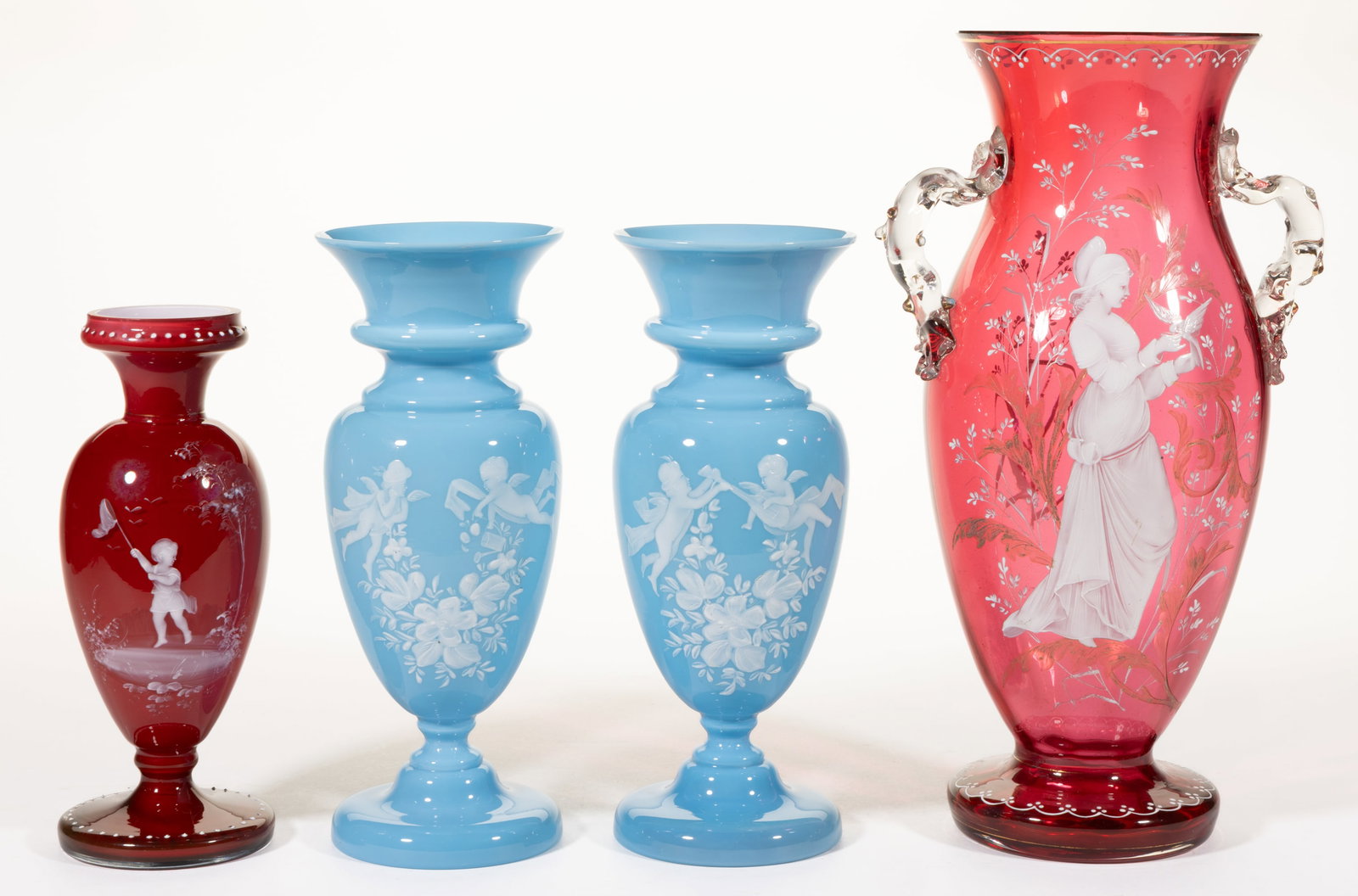 VICTORIAN MARY GREGORY (SO-CALLED) ENAMEL-DECORATED VASES, LOT OF FOUR (1 of 2)