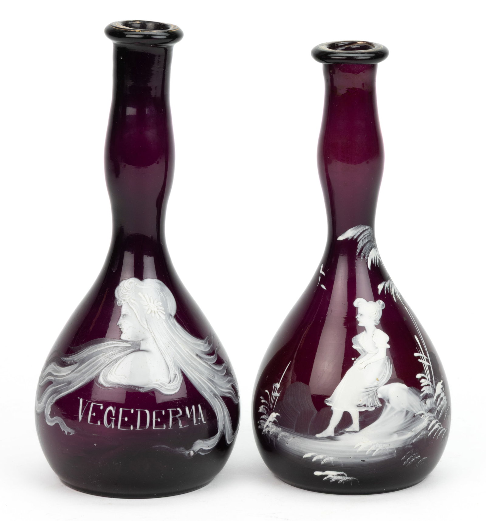 VICTORIAN MARY GREGORY (SO-CALLED) ENAMEL-DECORATED BARBER'S BITTER'S BOTTLES, LOT OF TWO (1 of 1)