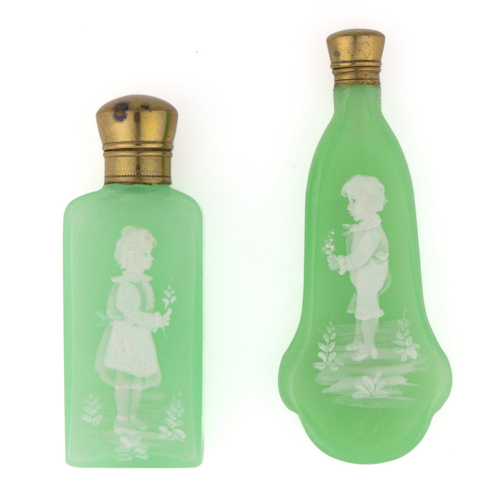 VICTORIAN MARY GREGORY (SO-CALLED) ENAMEL-DECORATED SCENT BOTTLES, LOT OF TWO (1 of 2)