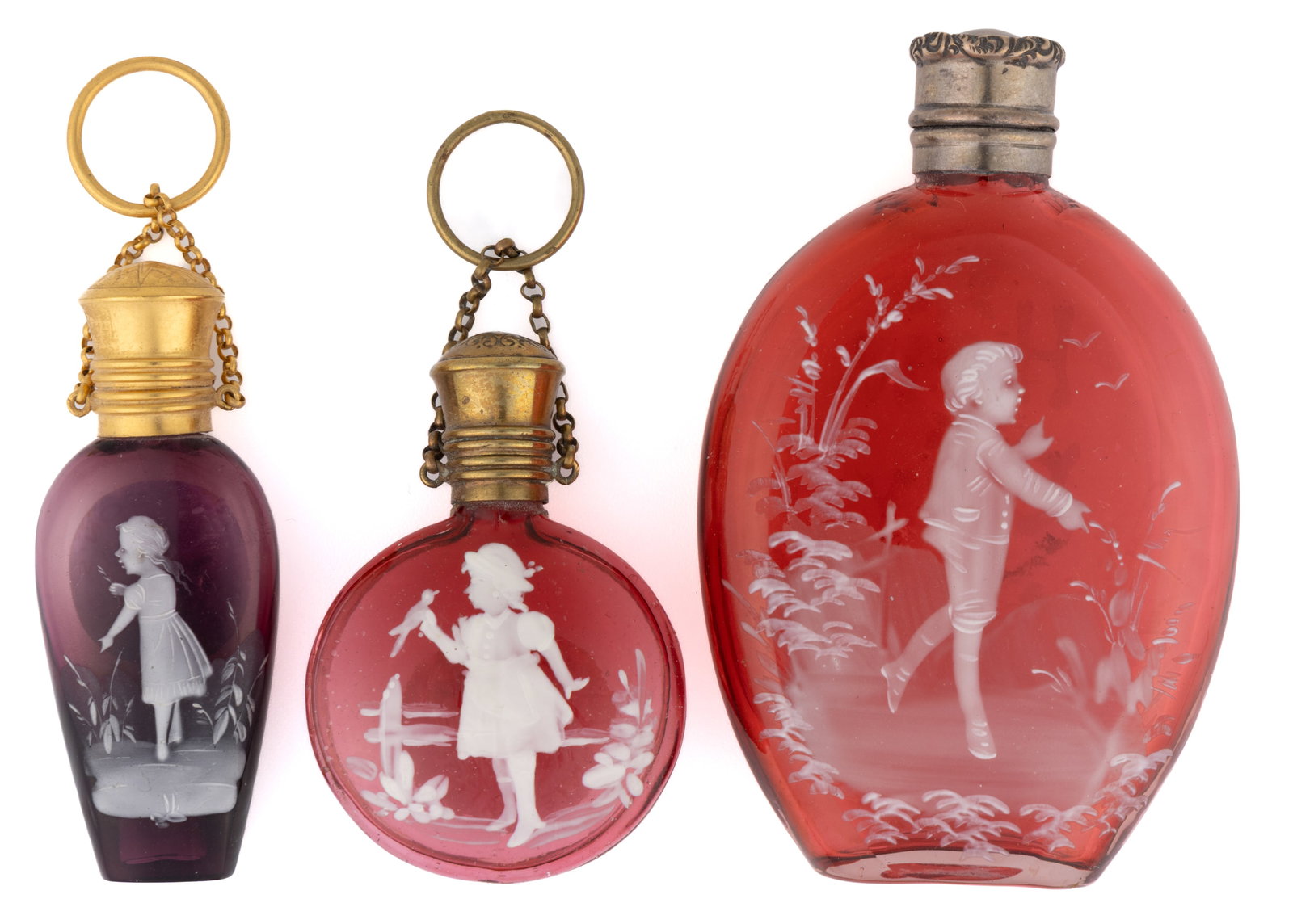 VICTORIAN MARY GREGORY (SO-CALLED) ENAMEL-DECORATED SCENT BOTTLES, LOT OF THREE (1 of 2)