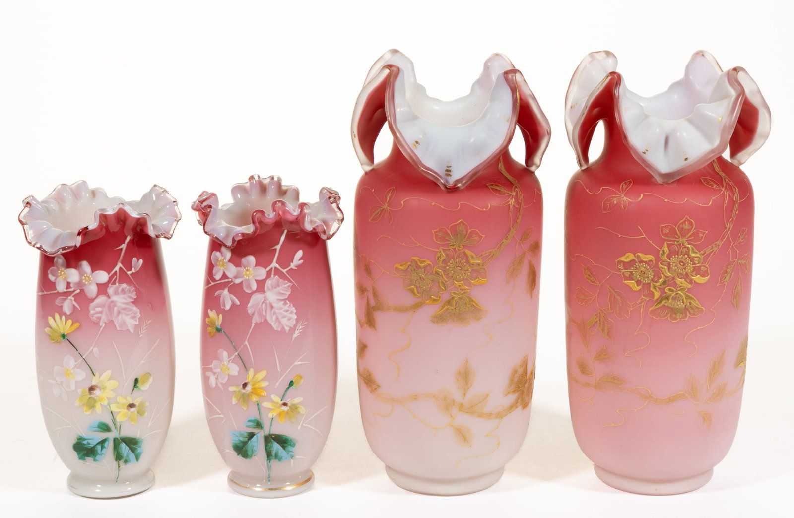 ASSORTED ENAMEL-DECORATED REACTIVE ART GLASS VASES, LOT OF FOUR (1 of 2)