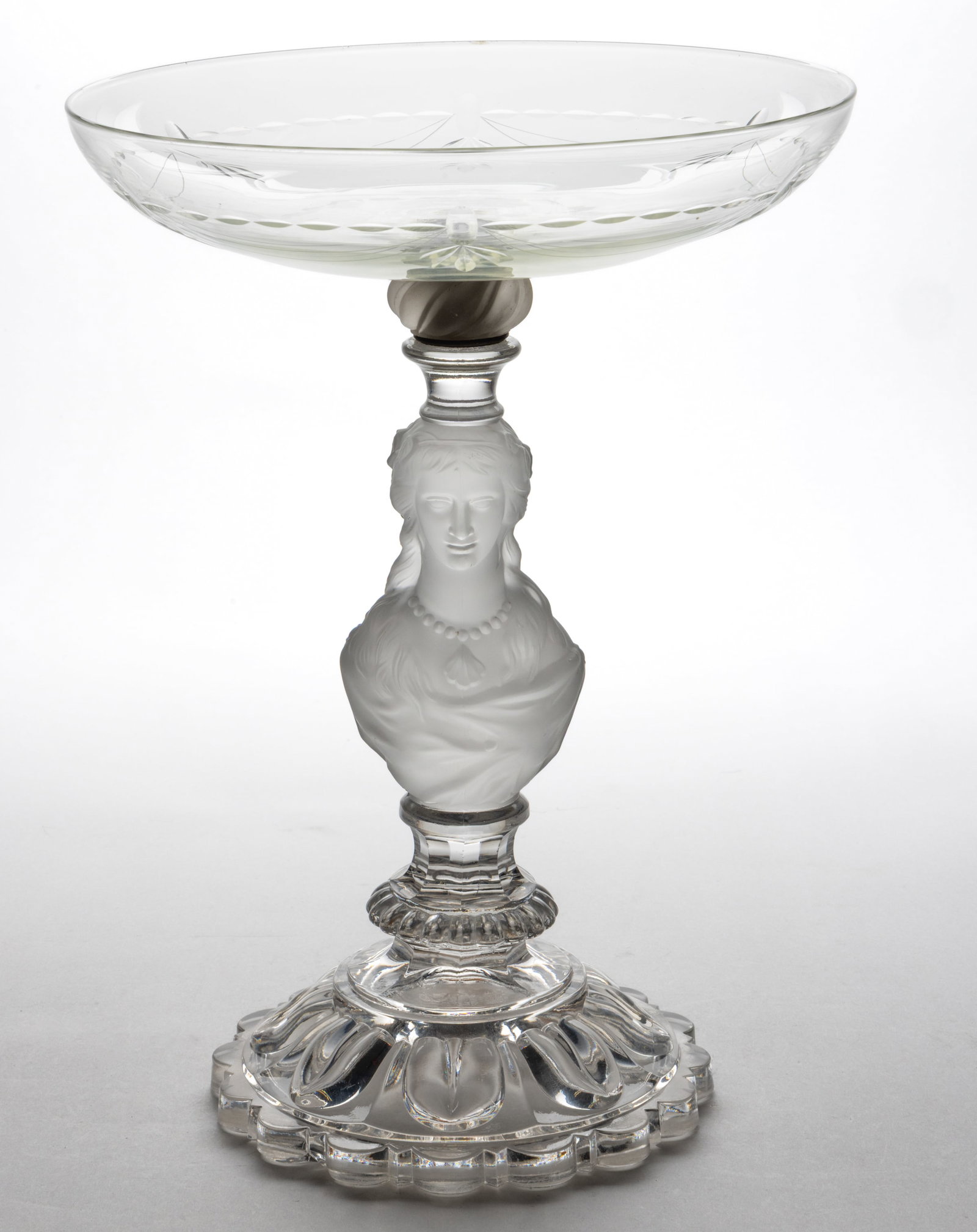 FRENCH FIGURAL GLASS PEDESTAL: FRENCH FIGURAL GLASS PEDESTAL, colorless lead glass, married to a colorless non-lead shallow bowl with etched decoration. French. Third quarter 19th century. 14" H. Provenance: The estate c