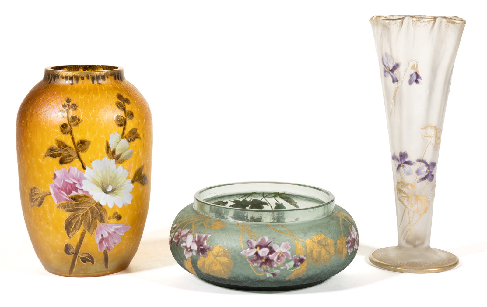 ASSORTED FRENCH FLORAL ENAMEL-DECORATED ART GLASS VASES, LOT OF THREE (1 of 2)