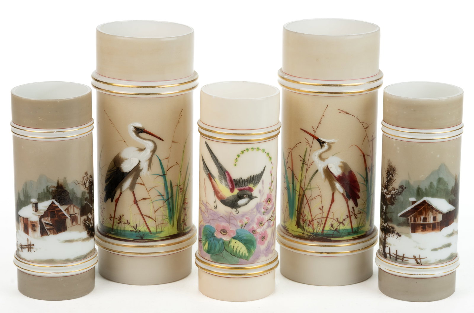 OPAL DECORATED RING-NECK CYLINDER VASES, LOT OF FIVE (1 of 1)