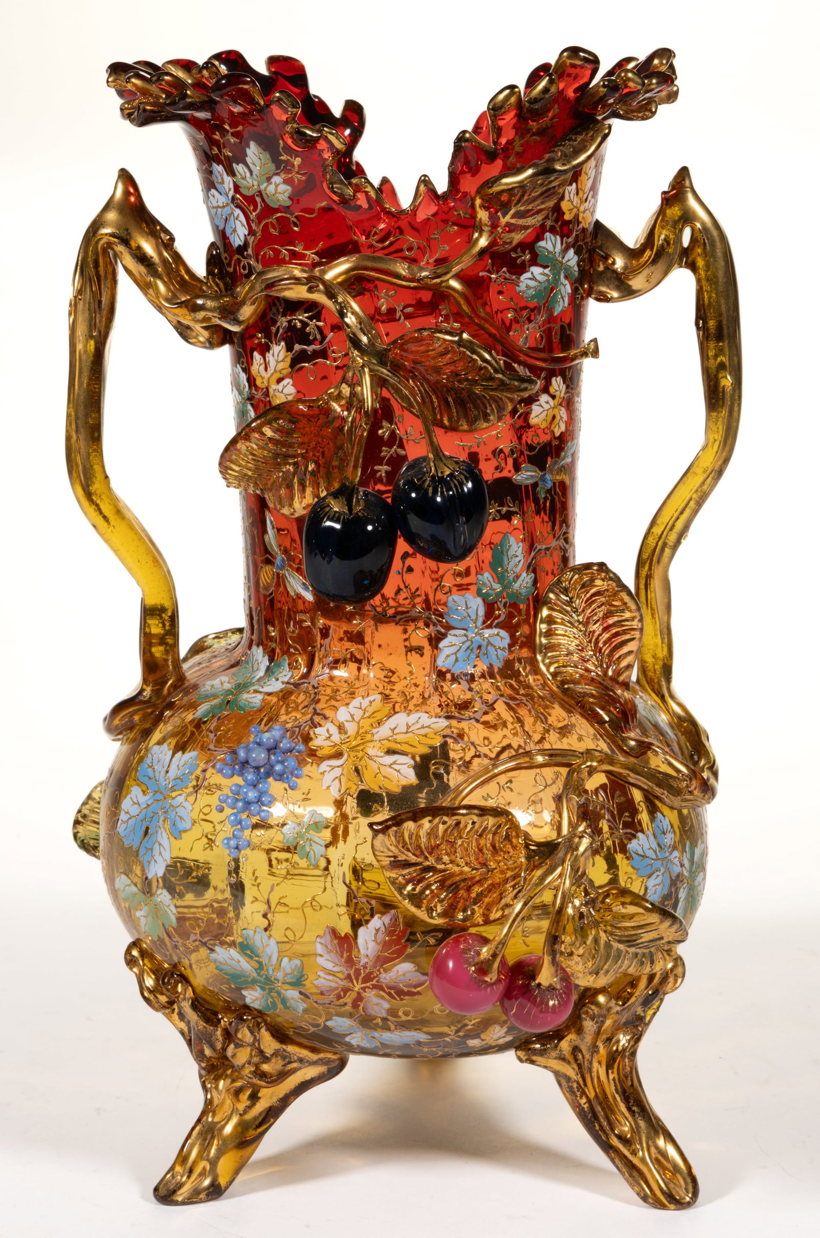 MOSER APPLIED AND ENAMEL-DECORATED DOUBLE-HANDLED GLASS VASE (1 of 4)
