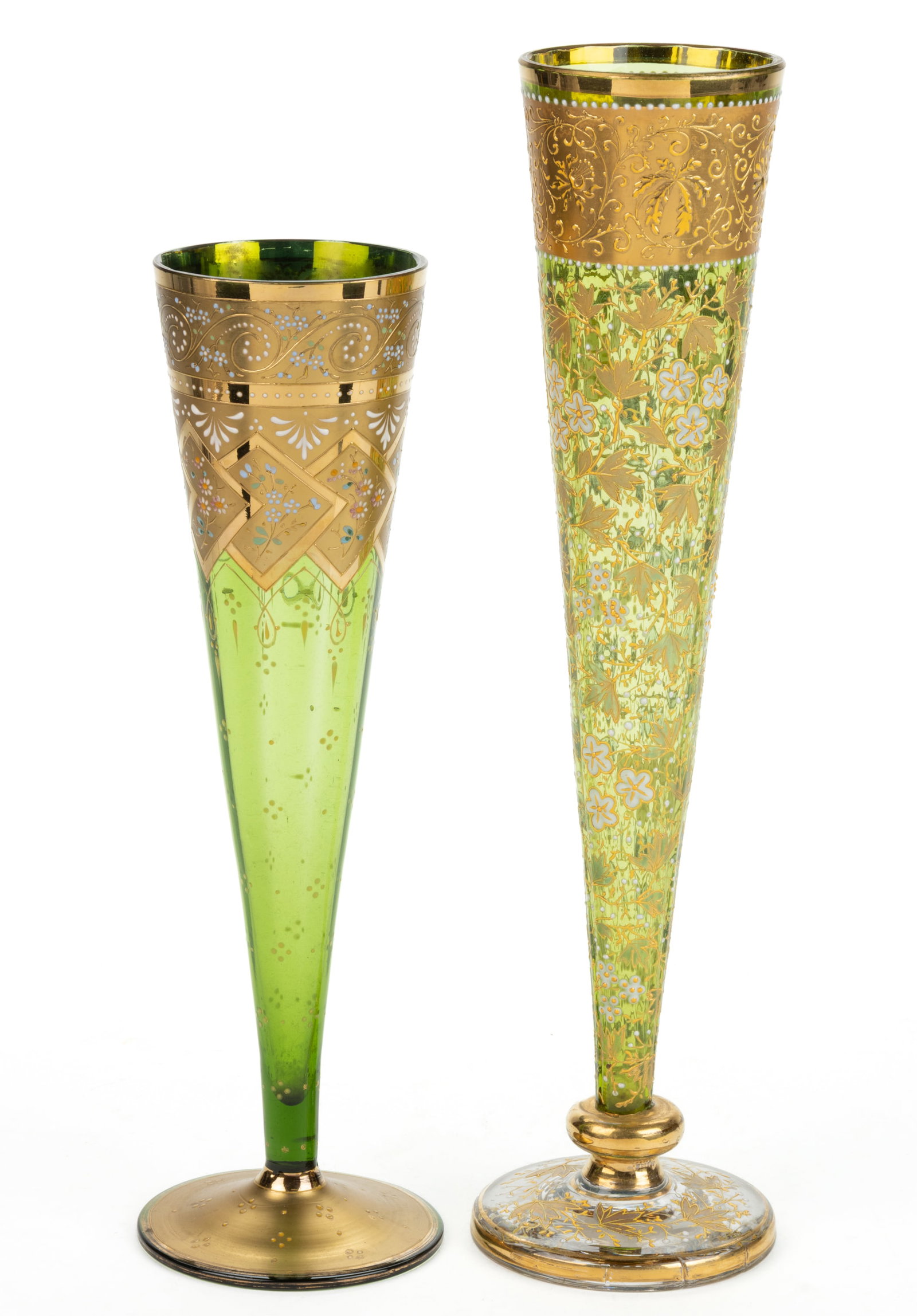 MOSER ATTRIBUTED ENAMEL-DECORATED ART GLASS TRUMPET VASES, LOT OF TWO (1 of 1)