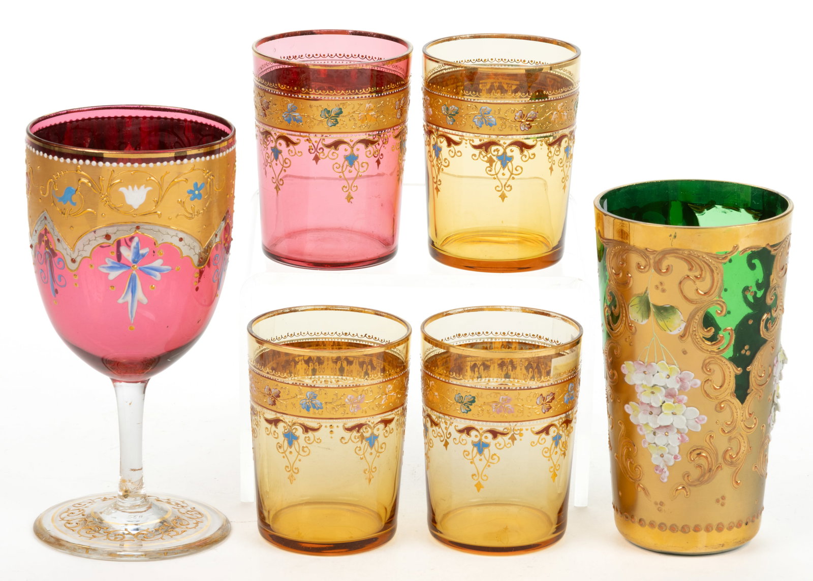 ASSORTED MOSER ATTRIBUTED ENAMEL-DECORATED ART GLASS DRINKING ARTICLES, LOT OF SIX (1 of 1)