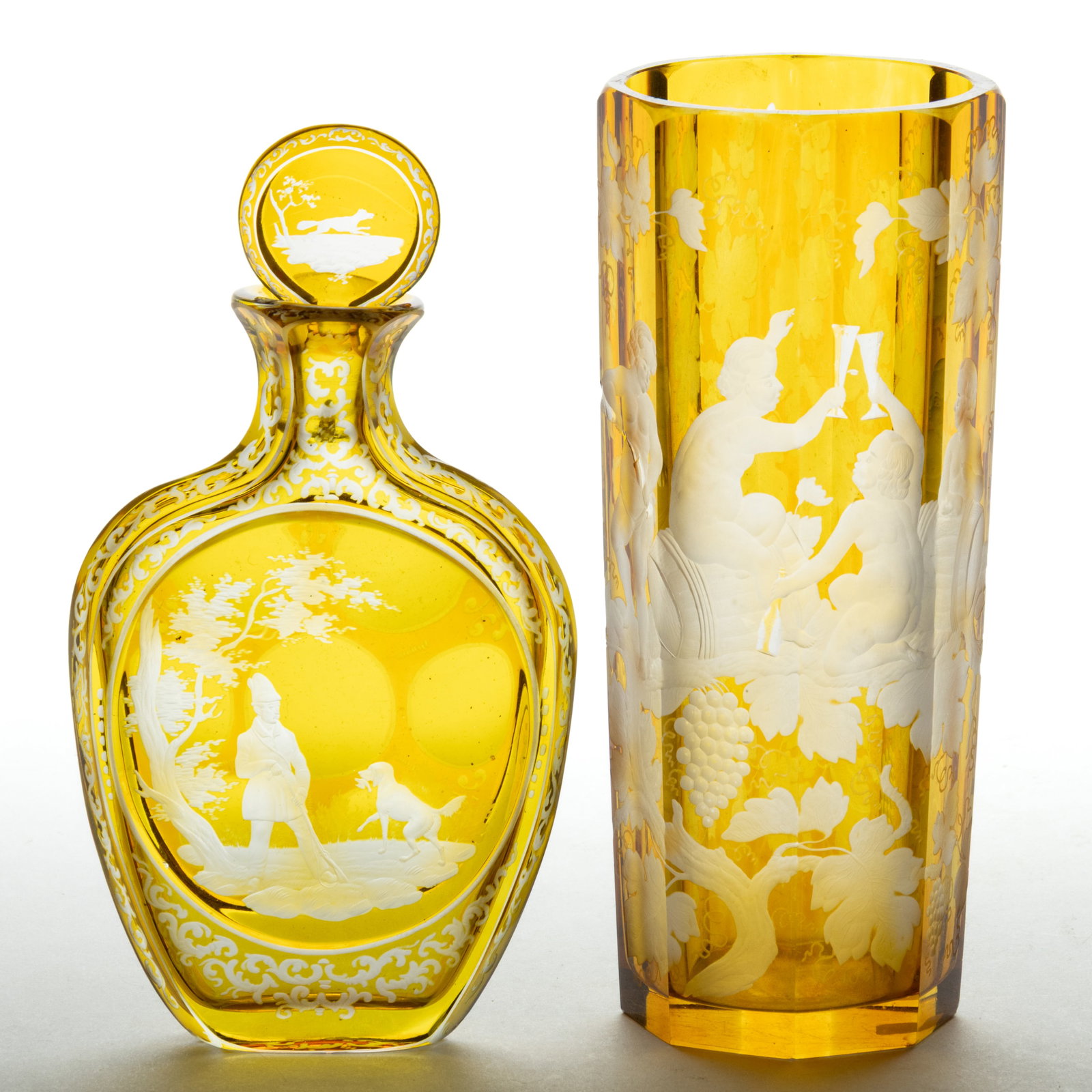 BOHEMIAN AMBER-STAINED CUT AND ENGRAVED GLASS ARTICLES, LOT OF TWO (1 of 3)