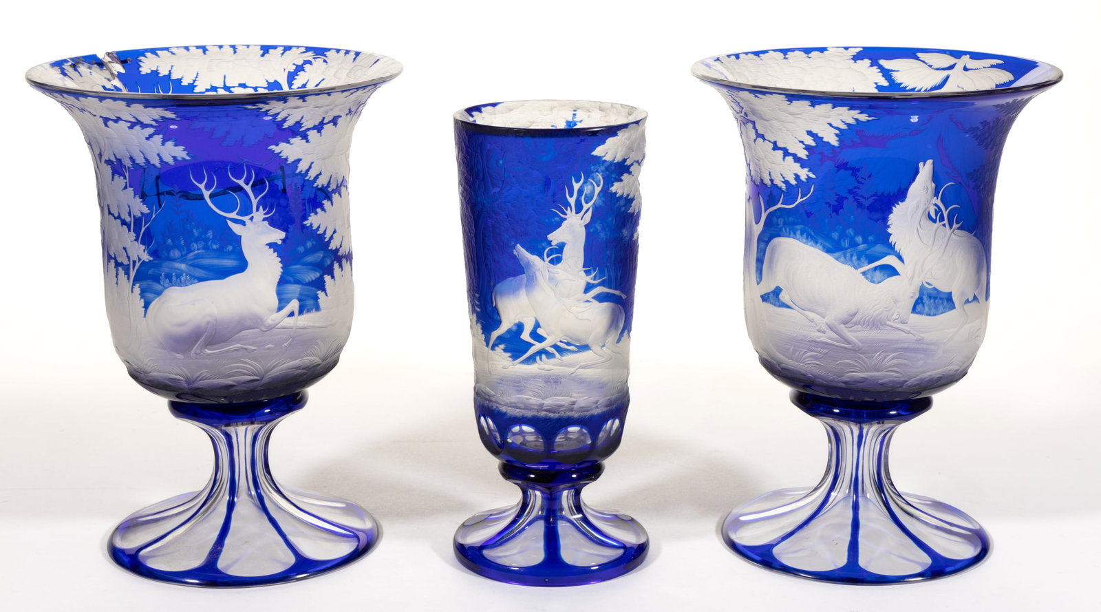 BOHEMIAN BLUE-STAINED CUT AND ENGRAVED GLASS VASES, LOT OF THREE (1 of 4)