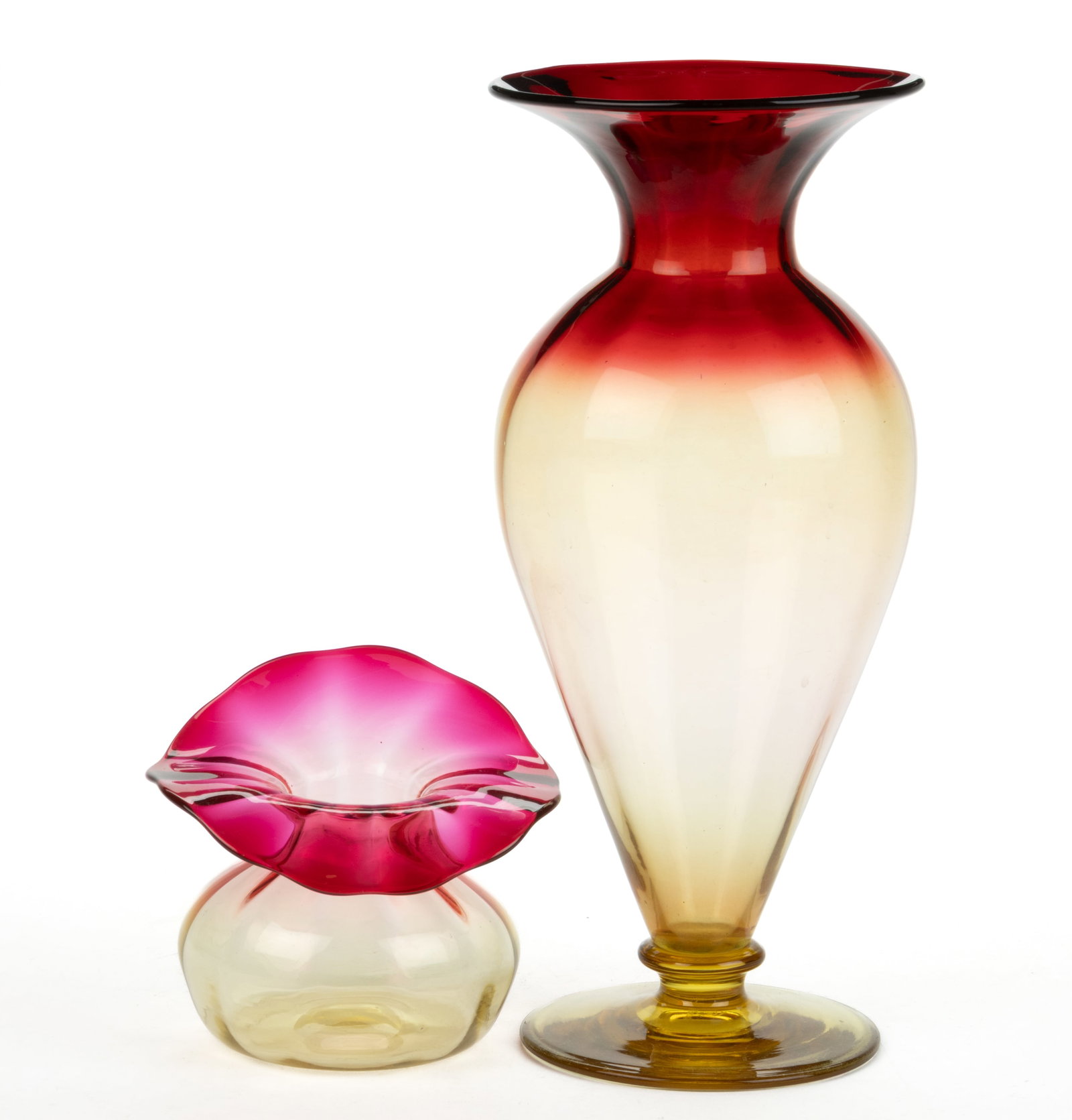 SIGNED LIBBEY PANEL-OPTIC AMBERINA GLASS VASES, LOT OF TWO (1 of 1)