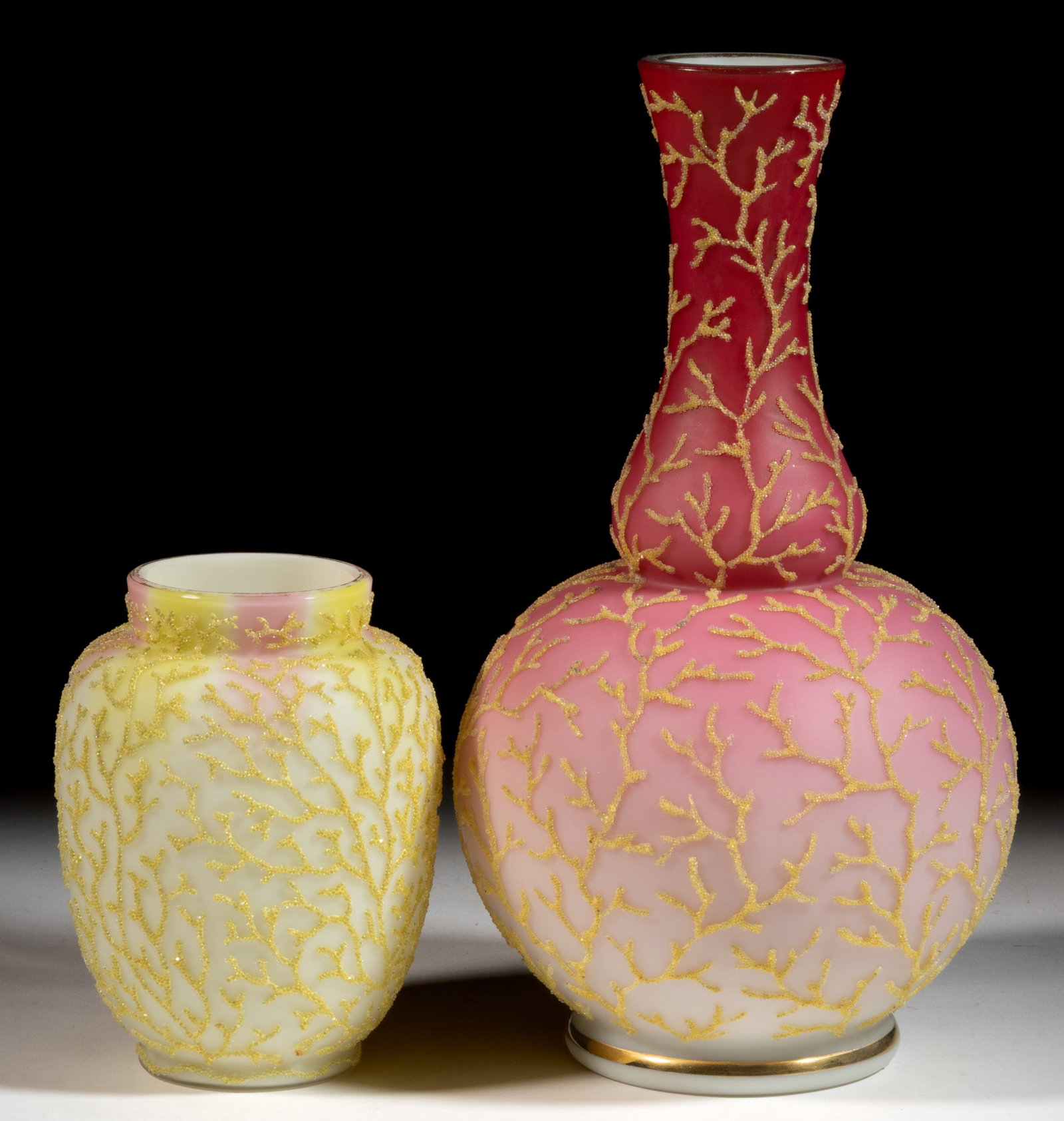 VICTORIAN CORALENE-DECORATED ART GLASS VASES, LOT OF TWO (1 of 1)