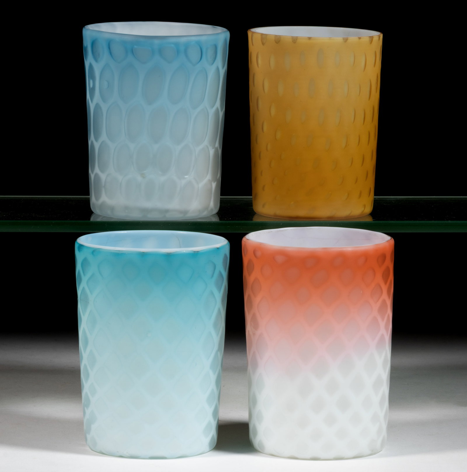 ASSORTED VICTORIAN AIR-TRAP MOTHER-OF-PEARL SATIN GLASS TUMBLERS, LOT OF FOUR (1 of 1)