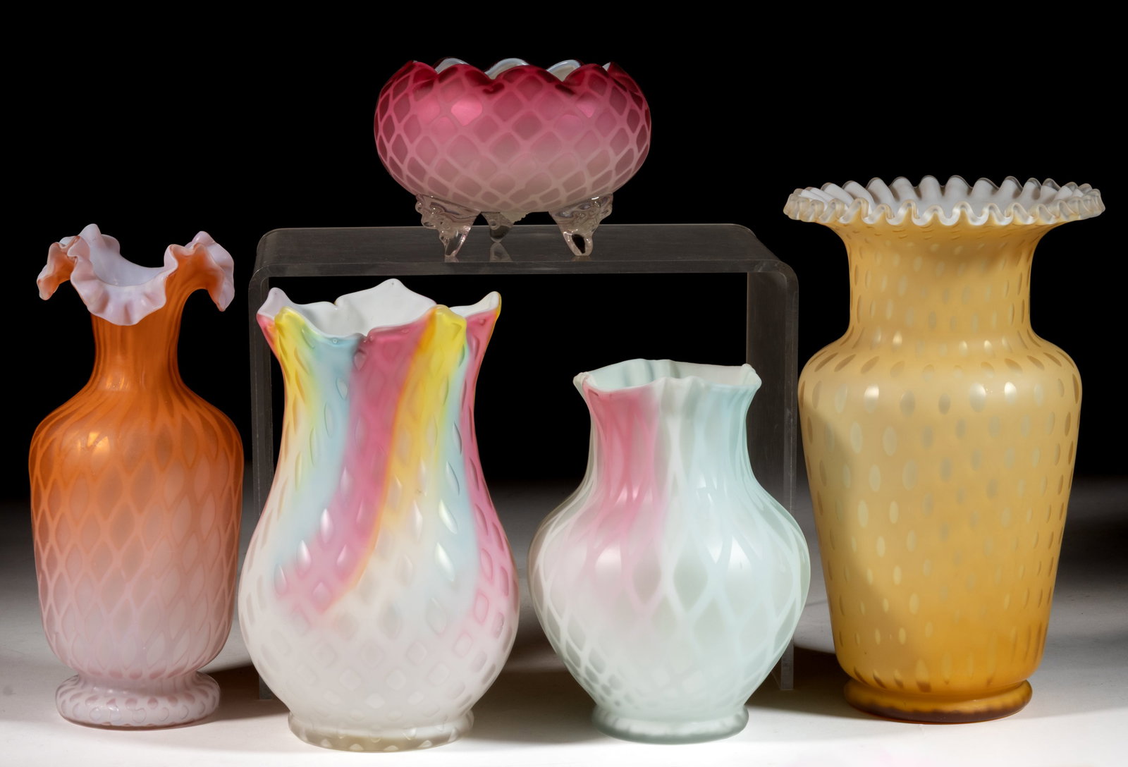 ASSORTED VICTORIAN AIR-TRAP MOTHER-OF-PEARL SATIN GLASS VASES, LOT OF FIVE (1 of 1)