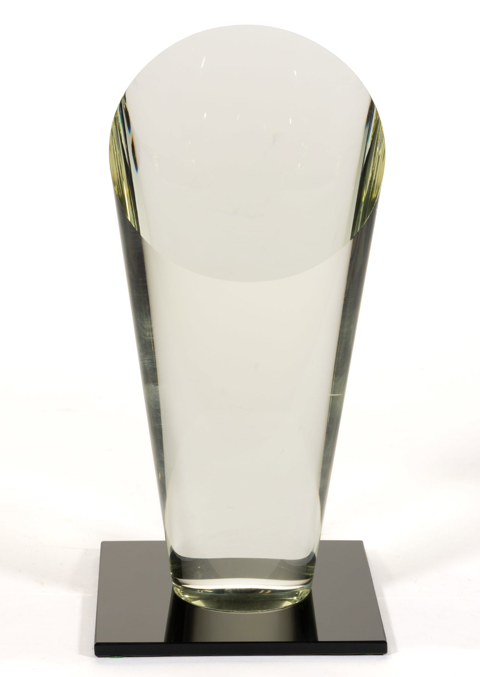 PAVEL SATRAPA (CZECH, B. 1944) ABSTRACT STUDIO ART GLASS SCULPTURE: PAVEL SATRAPA (CZECH, B. 1944) ABSTRACT STUDIO ART SCULPTURE, cut and polished glass with square stand. Fourth quarter 20th/early 21st century. 9 1/2" HOA, Stand 4 5/8" x 4 5/8".&n