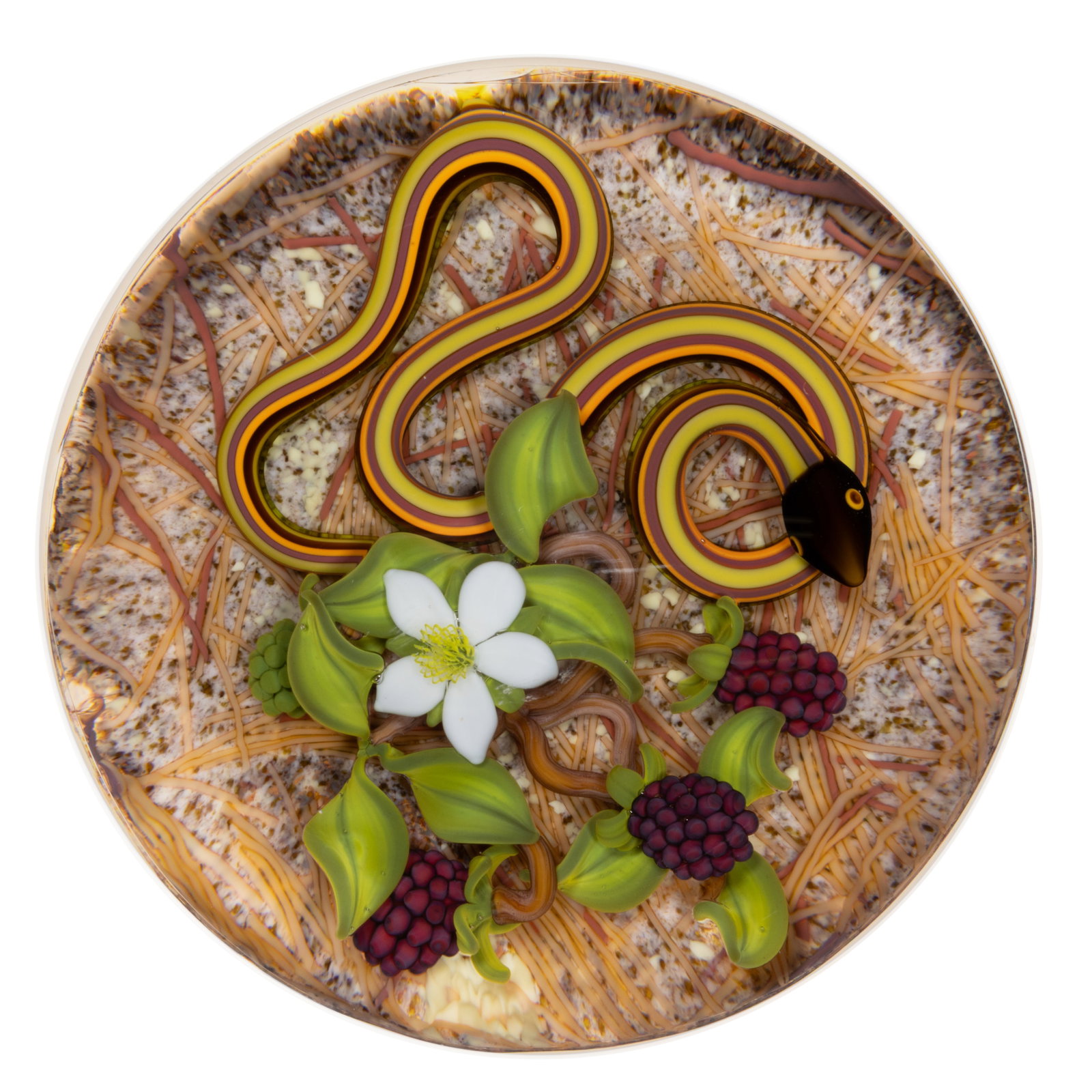 GORDON SMITH (AMERICAN, B. 1959) SNAKE AND BERRIES LAMPWORK STUDIO ART GLASS PAPERWEIGHT: GORDON SMITH (AMERICAN, B. 1959) SNAKE AND BERRIES LAMPWORK STUDIO ART GLASS PAPERWEIGHT, long coiling red, orange, and yellow snake next to a cluster of vines holding three ripe raspberries and a sin