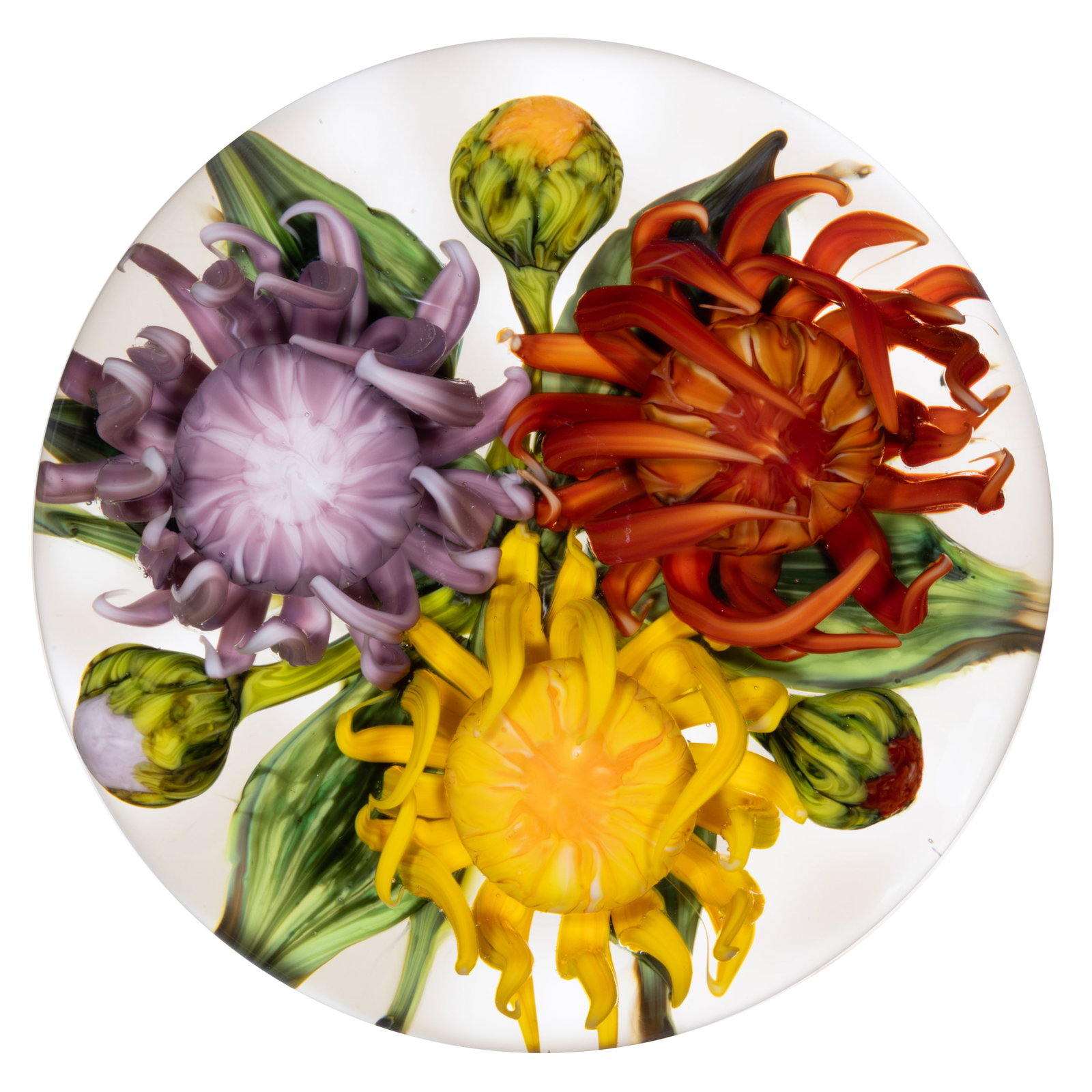 RICK AYOTTE (AMERICAN, B. 1944) SPIDER MUMS LAMPWORK STUDIO ART GLASS MAGNUM PAPERWEIGHT: RICK AYOTTE (AMERICAN, B. 1944) SPIDER MUMS LAMPWORK STUDIO ART GLASS MAGNUM PAPERWEIGHT, three large spider mum blossoms in purple/white, red/orange, and yellow/orange, between each bloom is a matchi