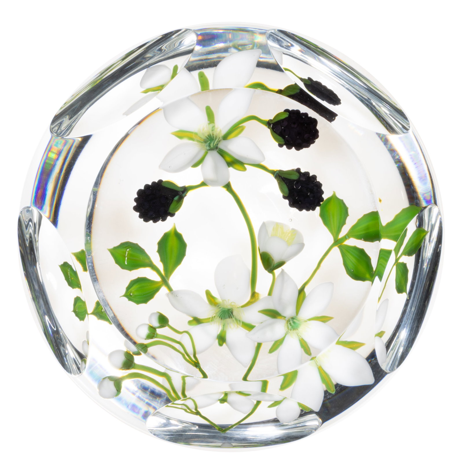 PAUL STANKARD (AMERICAN B. 1943) THREE BLACKBERRIES LAMPWORK STUDIO ART GLASS PAPERWEIGHT: PAUL STANKARD (AMERICAN B. 1943) THREE BLACKBERRIES LAMPWORK STUDIO ART GLASS PAPERWEIGHT, having three blackberries, three white flowers, four buds with green stems and leaves, signatu