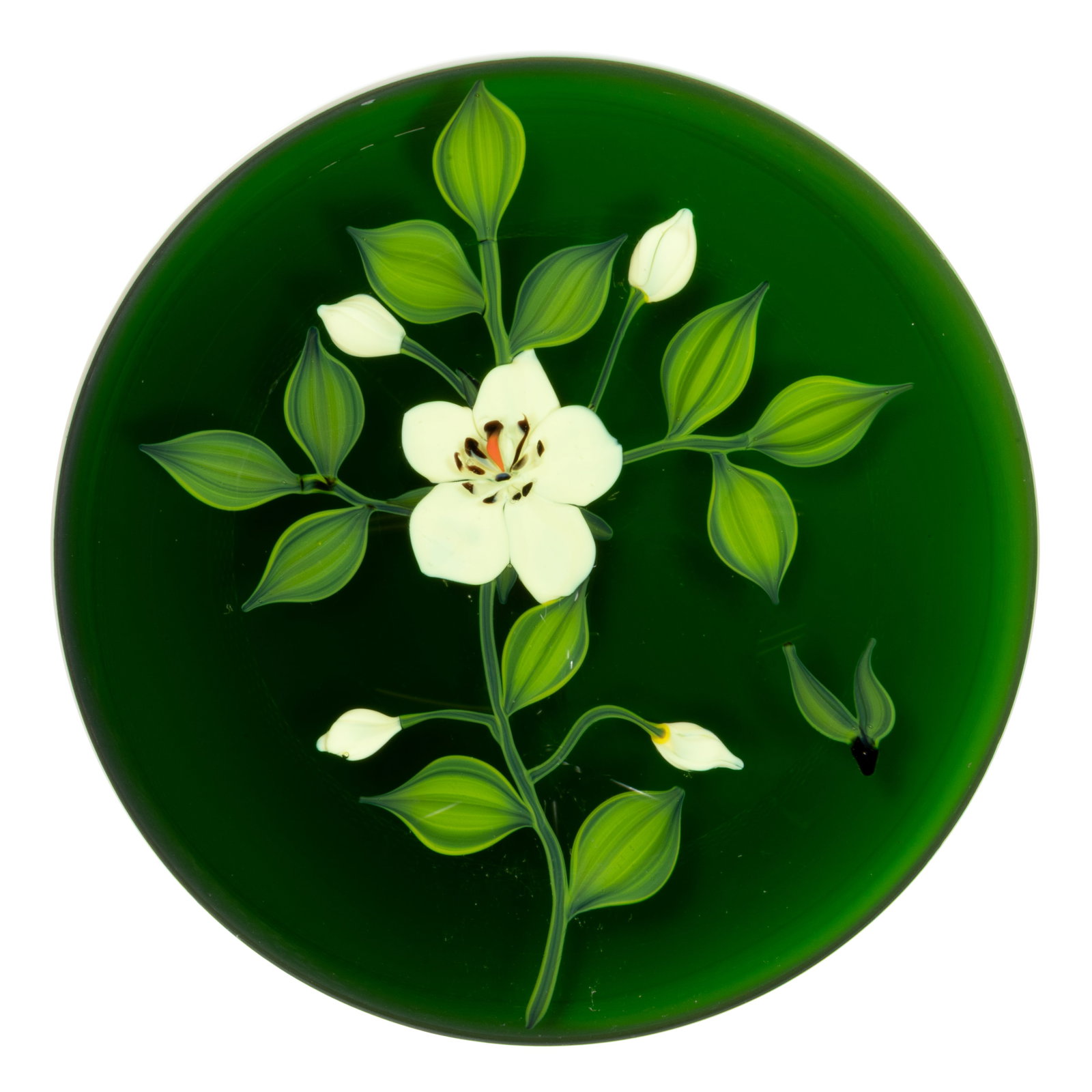 PAUL STANKARD (AMERICAN B. 1943) CLEMATIS BLOOM LAMPWORK STUDIO ART GLASS PAPERWEIGHT: PAUL STANKARD (AMERICAN B. 1943) CLEMATIS BLOOM LAMPWORK STUDIO ART GLASS PAPERWEIGHT, central yellow five-flower bloom connected by a short green stem supporting twelve green leaves and four yel