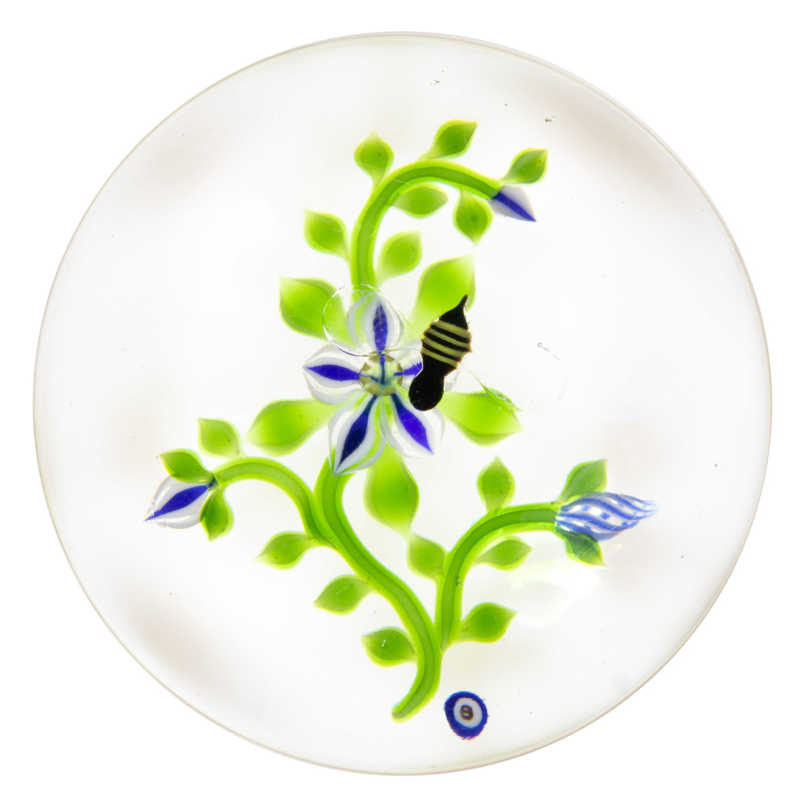 PAUL STANKARD (AMERICAN B. 1943) BEE AND CLEMATIS LAMPWORK STUDIO ART GLASS PAPERWEIGHT: PAUL STANKARD (AMERICAN B. 1943) BEE AND CLEMATIS LAMPWORK STUDIO ART GLASS PAPERWEIGHT, yellow and black bee flying above a blue and white clematis flower centered on curving green stems which&n