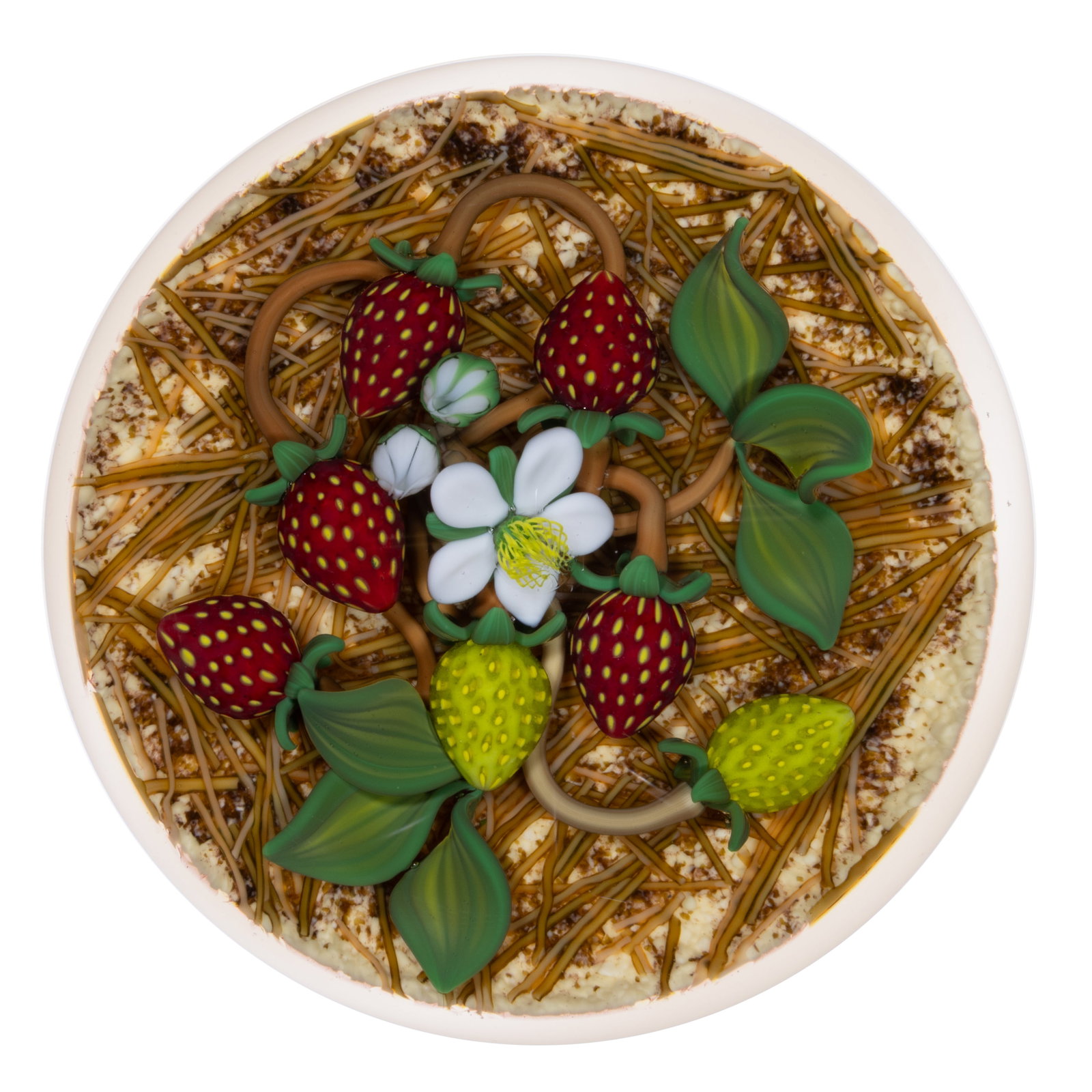 GORDON SMITH (AMERICAN, B. 1959) STRAWBERRY VINE LAMPWORK STUDIO ART GLASS PAPERWEIGHT: GORDON SMITH (AMERICAN, B. 1959) STRAWBERRY VINE LAMPWORK STUDIO ART GLASS PAPERWEIGHT, curling brown vines holding five ripe red strawberries and two unripe green strawberries, with a single whi