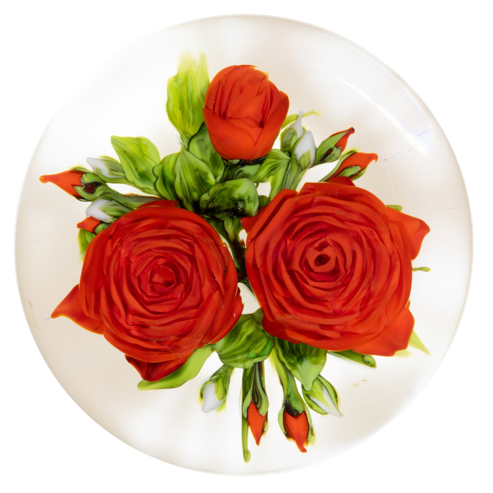 RICK AYOTTE (AMERICAN, B. 1944) ROSE BOUQUET LAMPWORK STUDIO ART GLASS MAGNUM PAPERWEIGHT: RICK AYOTTE (AMERICAN, B. 1944) ROSE BOUQUET LAMPWORK STUDIO ART GLASS MAGNUM PAPERWEIGHT, two large and one small red rose to the foreground with six matching buds underneath, man