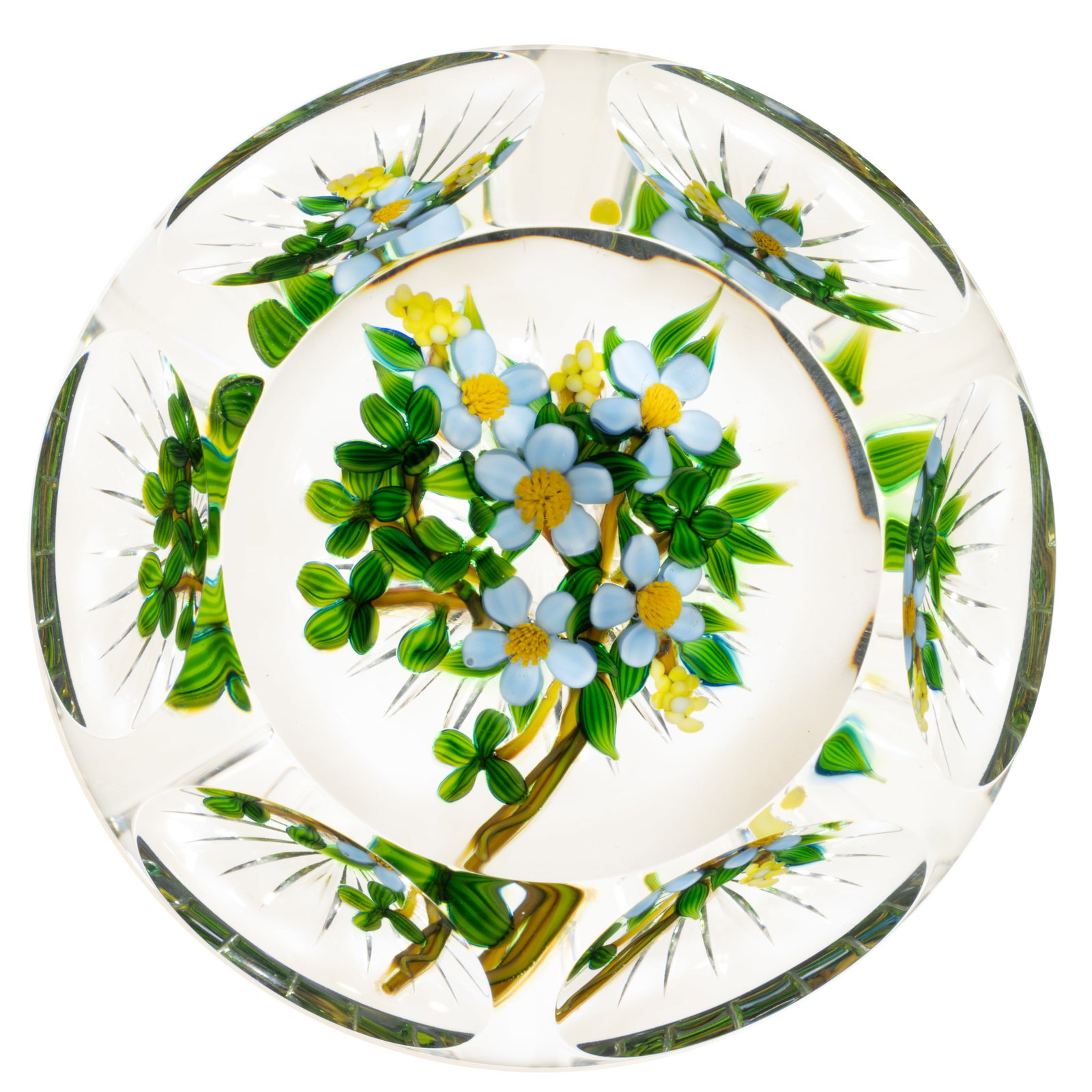 DELMO TARSITANO (AMERICAN 1921-1991) CUT FLOWERING BRANCH LAMPWORK STUDIO ART GLASS PAPERWEIGHT: DELMO TARSITANO (AMERICAN 1921-1991) CUT FLOWERING BRANCH LAMPWORK STUDIO ART GLASS PAPERWEIGHT, cut-faceted with a circular top window, flowering branches holding five light blue flowers and three&nb