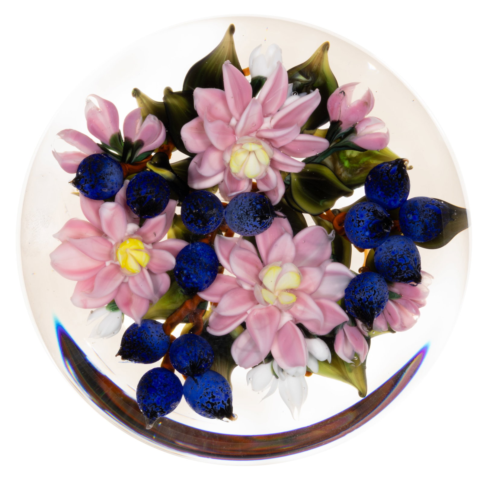 RICK AYOTTE (AMERICAN, B. 1944) MIXED BOUQUET LAMPWORK STUDIO ART GLASS MAGNUM PAPERWEIGHT: RICK AYOTTE (AMERICAN, B. 1944) MIXED BOUQUET LAMPWORK STUDIO ART GLASS MAGNUM PAPERWEIGHT, three large pink blossoms separated by mottled blueberries, having paired white and pink buds to t