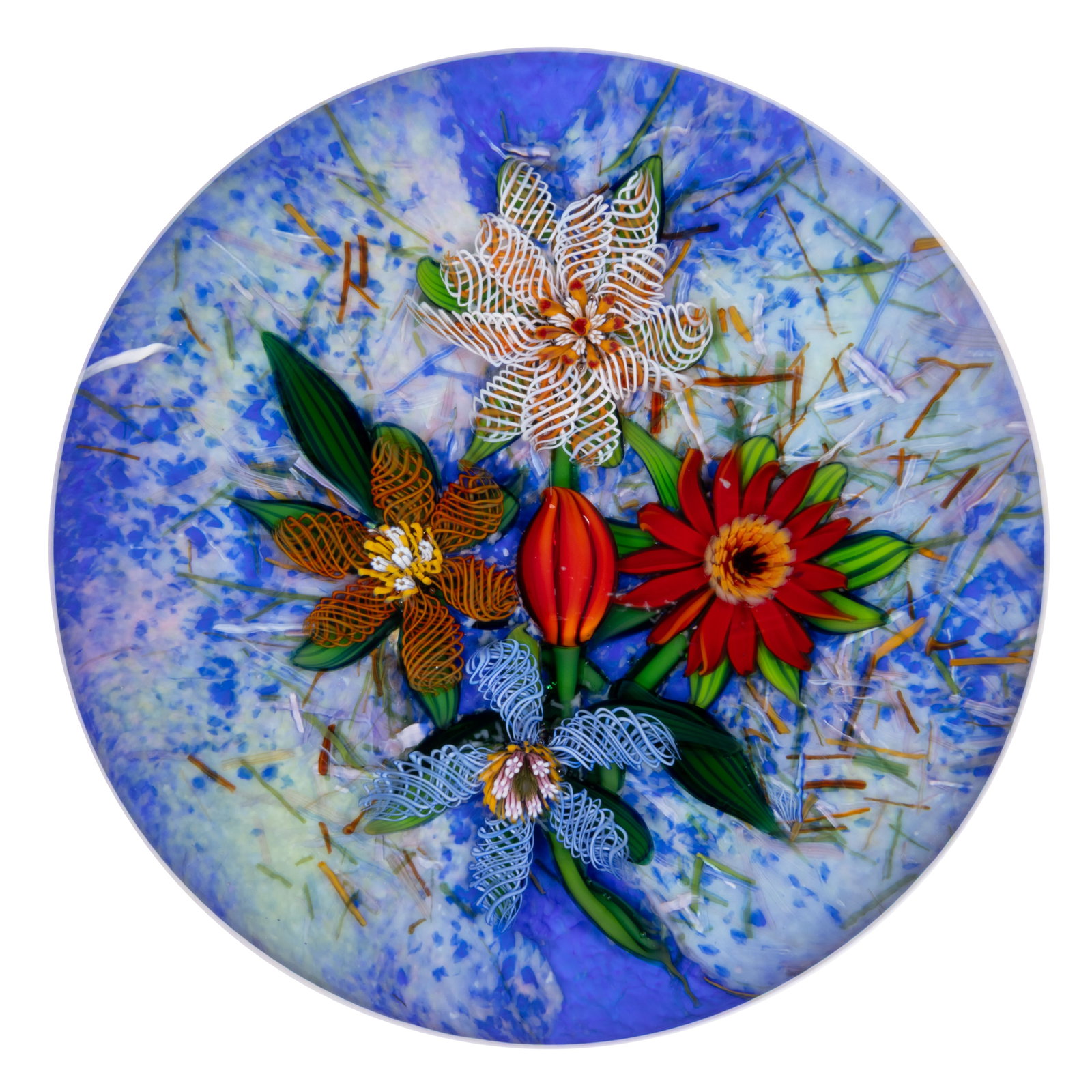 DEBBIE TARSITANO (AMERICAN, B. 1955) FLORAL BOUQUET LAMPWORK ART GLASS PAPERWEIGHT (1 of 2)