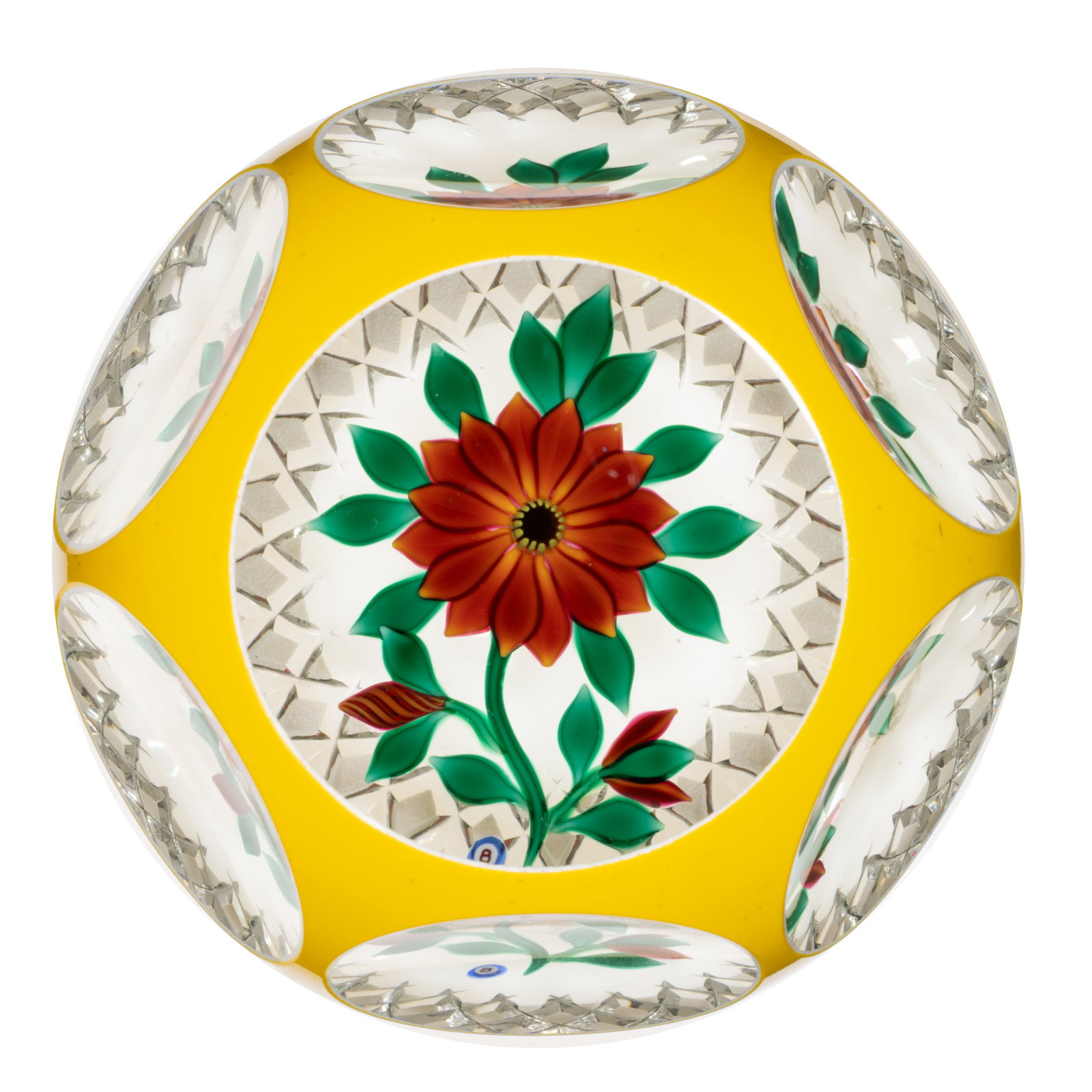 BOB BANFORD (AMERICAN, B. 1951) CUT DOUBLE-OVERLAY ZINNIA LAMPWORK STUDIO ART GLASS PAPERWEIGHT (1 of 2)