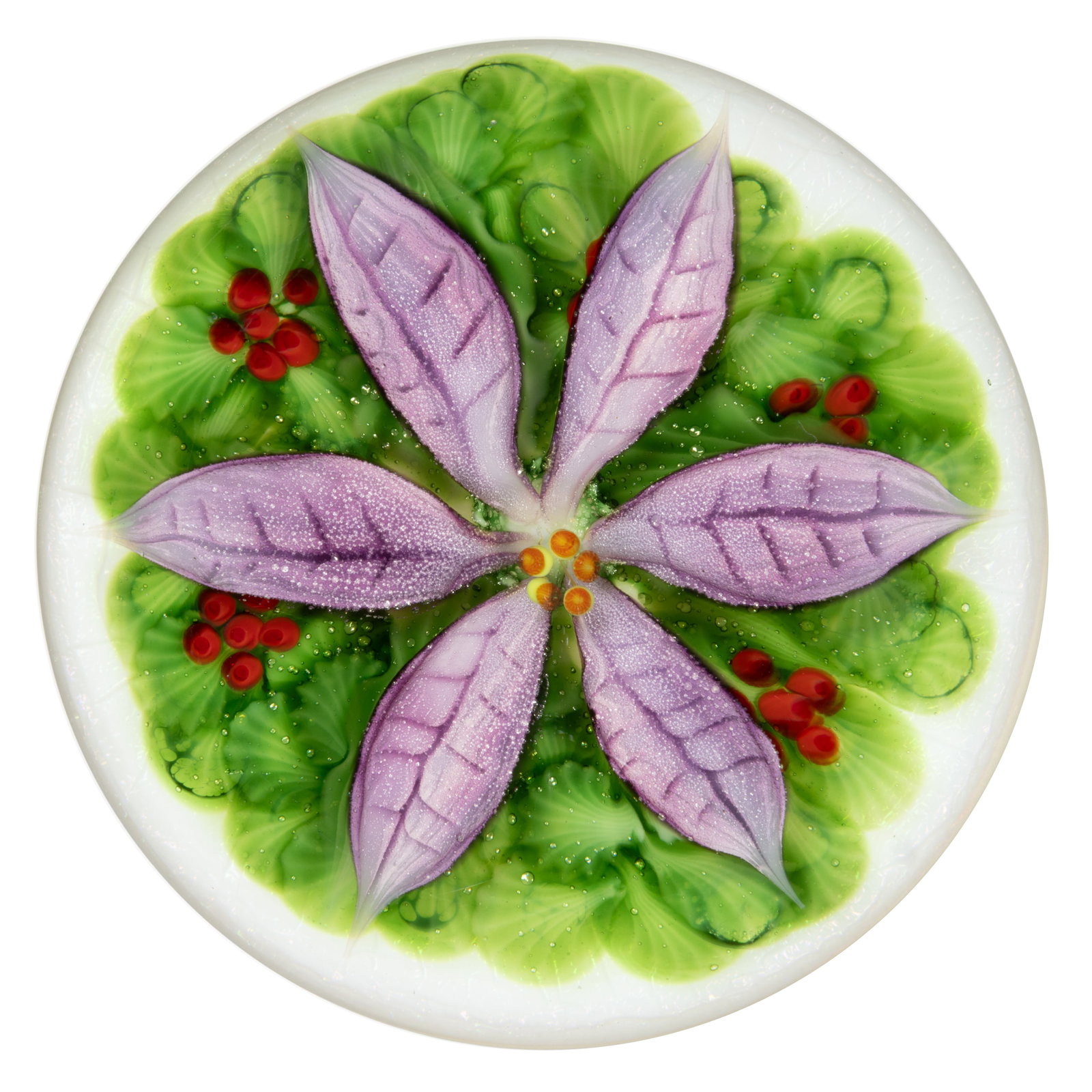 DANIEL SALAZAR (AMERICAN, B. 1956) POINSETTIA AND HOLLY LAMPWORK STUDIO ART GLASS PAPERWEIGHT: DANIEL SALAZAR (AMERICAN, B. 1956) POINSETTIA AND HOLLY LAMPWORK STUDIO ART GLASS PAPERWEIGHT, upright six-petal lavender flower with three green leaves protruding from the underside, rising from a be