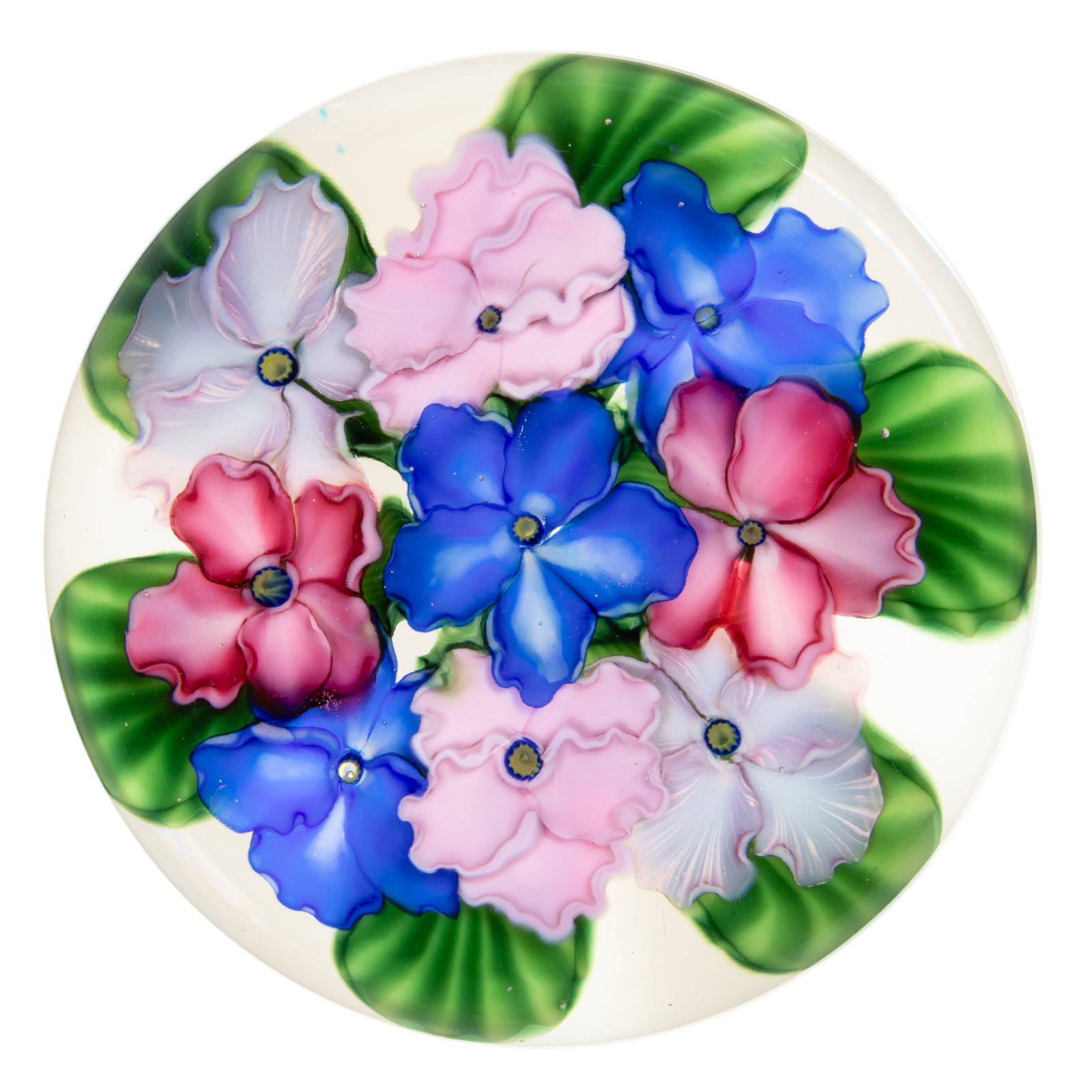 DANIEL SALAZAR (AMERICAN, B. 1956) FLORAL BOUQUET LAMPWORK STUDIO ART GLASS PAPERWEIGHT: DANIEL SALAZAR (AMERICAN, B. 1956) FLORAL BOUQUET LAMPWORK STUDIO ART GLASS PAPERWEIGHT, bouquet of blue, pink, and rose colored flowers with six wavy leaves protruding from the underside, signed arou