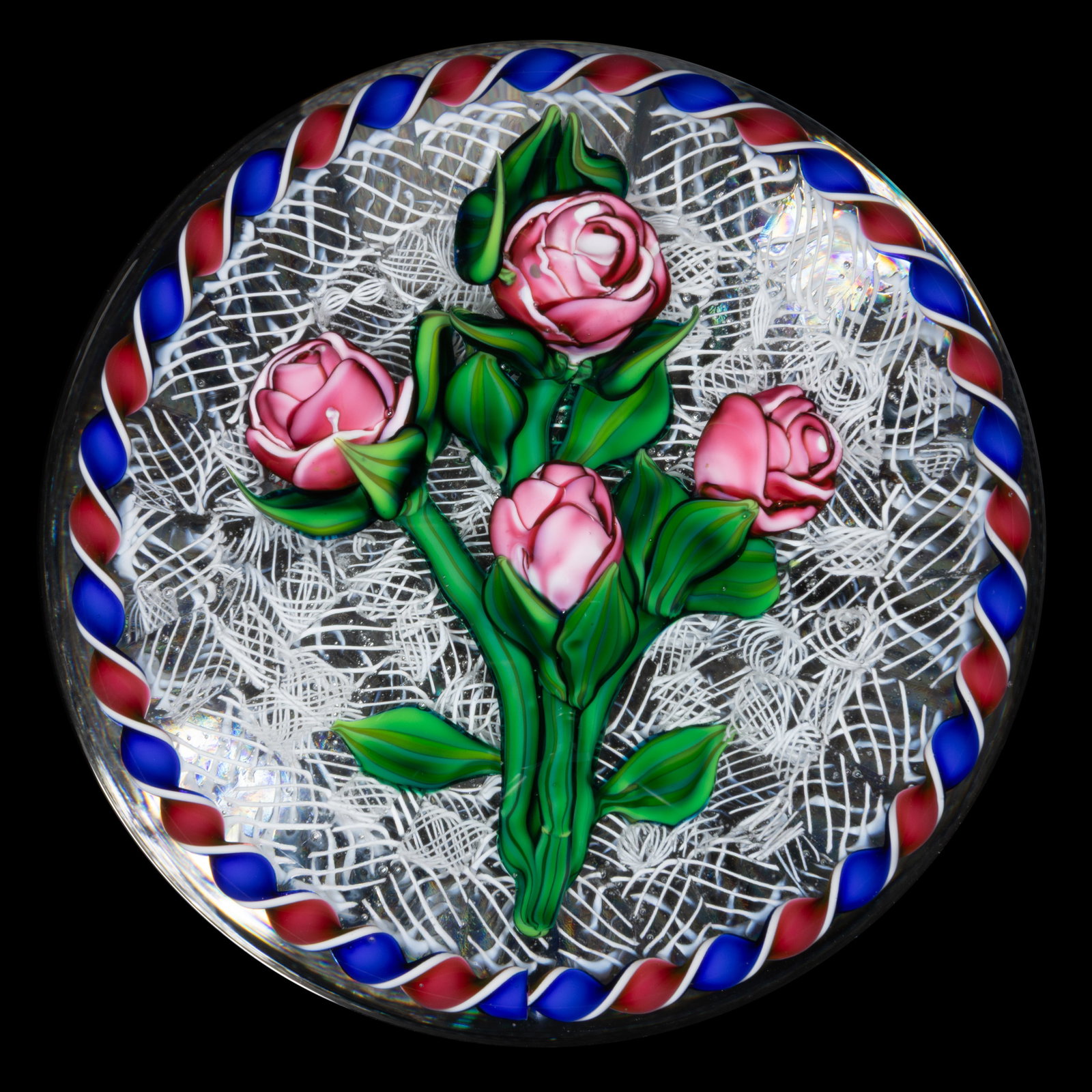 BOB BANFORD (AMERICAN, B. 1951) ROSE BOUQUET LAMPWORK STUDIO ART GLASS PAPERWEIGHT (1 of 2)