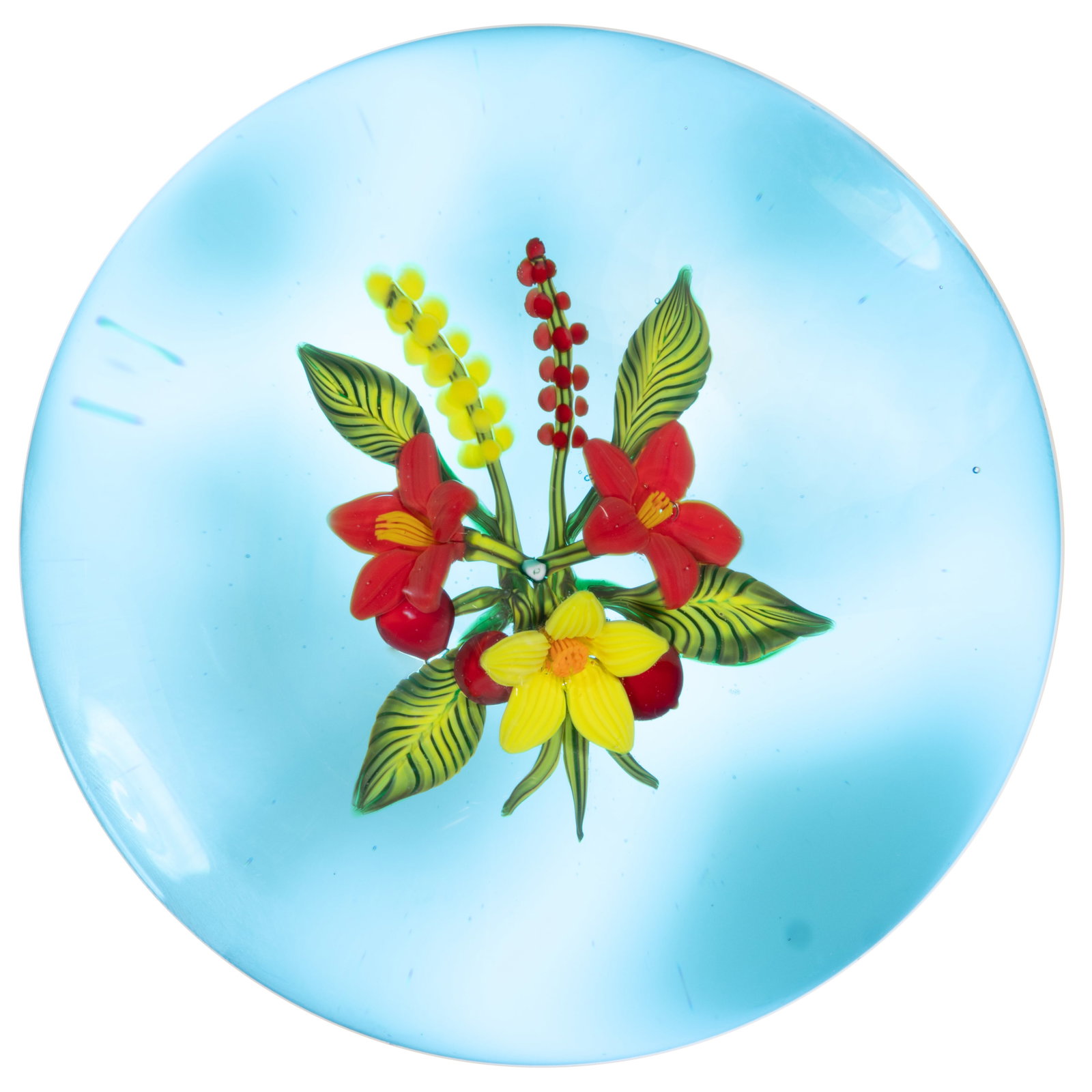 JOHNE PARSLEY (AMERICAN, 1916-2009) FLORAL BOUQUET LAMPWORK STUDIO ART GLASS PAPERWEIGHT: JOHNE PARSLEY (AMERICAN, 1916-2009) FLORAL BOUQUET LAMPWORK STUDIO ART GLASS PAPERWEIGHT, central signature cane with a yellow and red spire of flowers rising above, lower large yellow blossom&nb