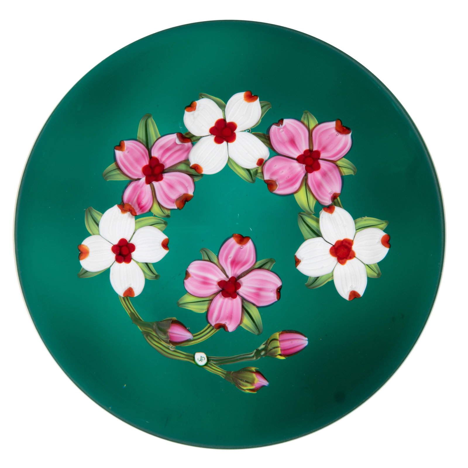 JOHNE PARSLEY (AMERICAN, 1916-2009) FLORAL WREATH LAMPWORK STUDIO ART GLASS PAPERWEIGHT: JOHNE PARSLEY (AMERICAN, 1916-2009) FLORAL WREATH LAMPWORK STUDIO ART GLASS PAPERWEIGHT, arching wreath of alternating pink and white flowers with three pink buds at one end, each connected by a