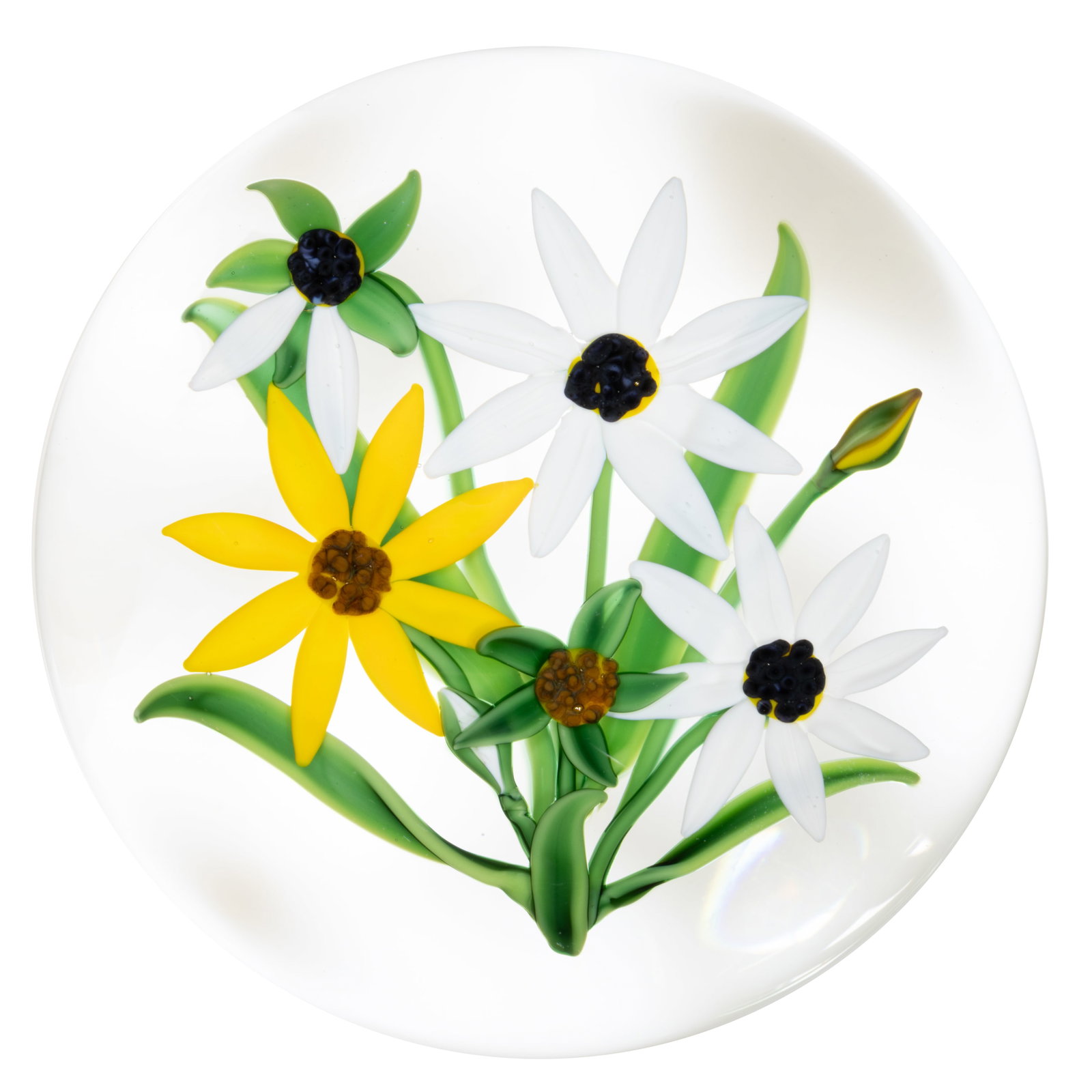 RANDALL GRUBB (AMERICAN, B. 1961) FLORAL BOUQUET LAMPWORK STUDIO ART GLASS PAPERWEIGHT: RANDALL GRUBB (AMERICAN, B. 1961) FLORAL BOUQUET LAMPWORK STUDIO ART GLASS PAPERWEIGHT, five total flowers with one being yellow, two fully white, one fully green, and one having two white petals and