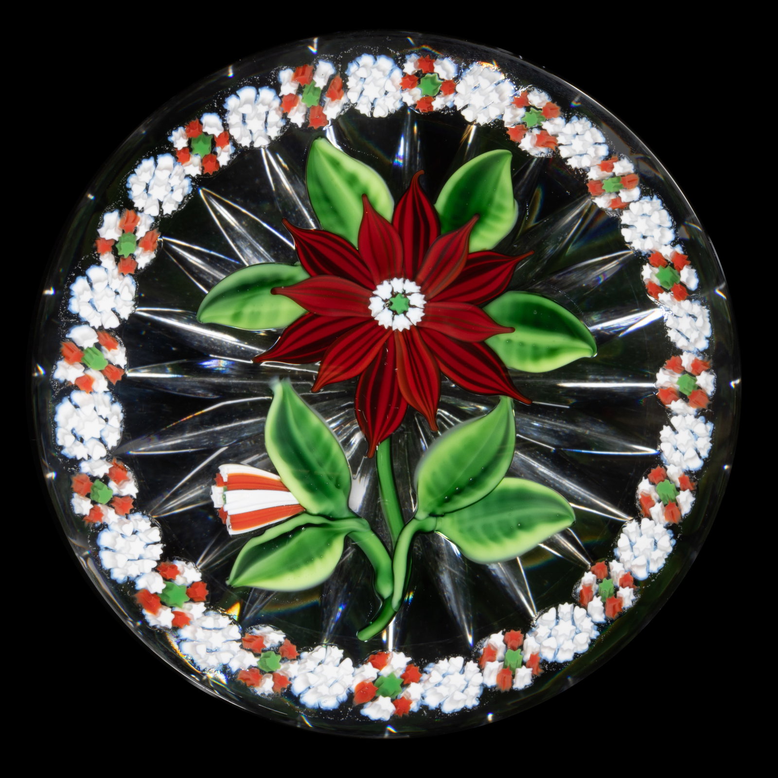 RANDALL GRUBB (AMERICAN, B. 1961) CHRISTMAS CLEMATIS LAMPWORK STUDIO ART GLASS PAPERWEIGHT (1 of 2)