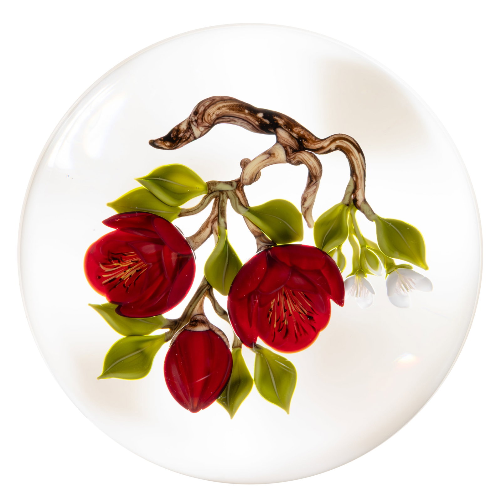 VICTOR TRABUCCO (AMERICAN, B. 1949) FLOWERS ON A BRANCH LAMPWORK STUDIO ART GLASS MAGNUM PAPERWEIGHT (1 of 2)