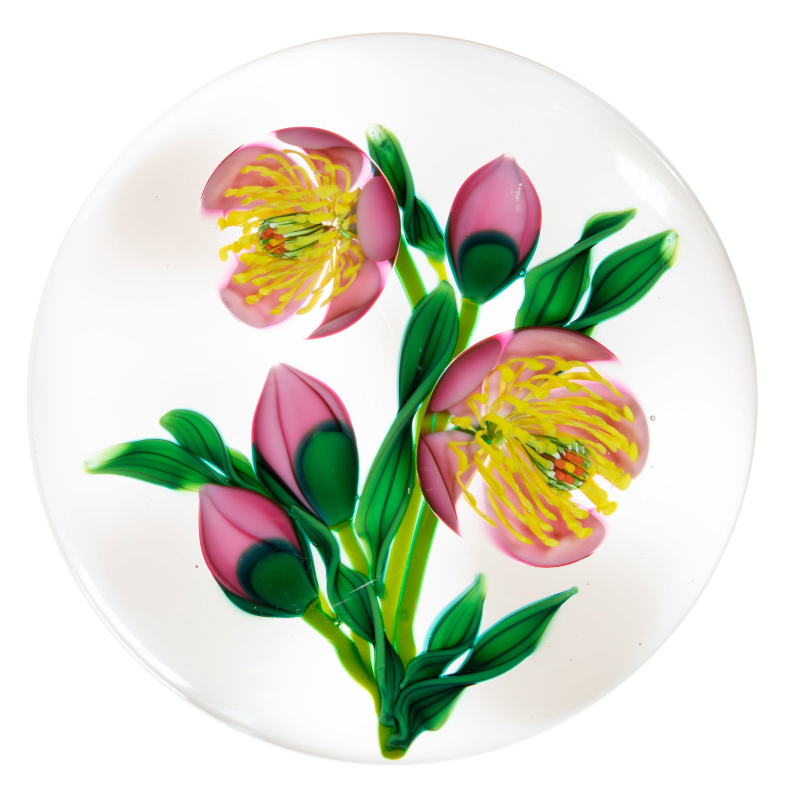 KEN ROSENFELD (AMERICAN, B. 1950) PINK FLORAL BOUQUET LAMPWORK STUDIO ART GLASS PAPERWEIGHT: KEN ROSENFELD (AMERICAN, B. 1950) PINK FLORAL BOUQUET LAMPWORK STUDIO ART GLASS PAPERWEIGHT, two large pink five-petal blossoms with cupping petals, connected by green stems which support eight twisti